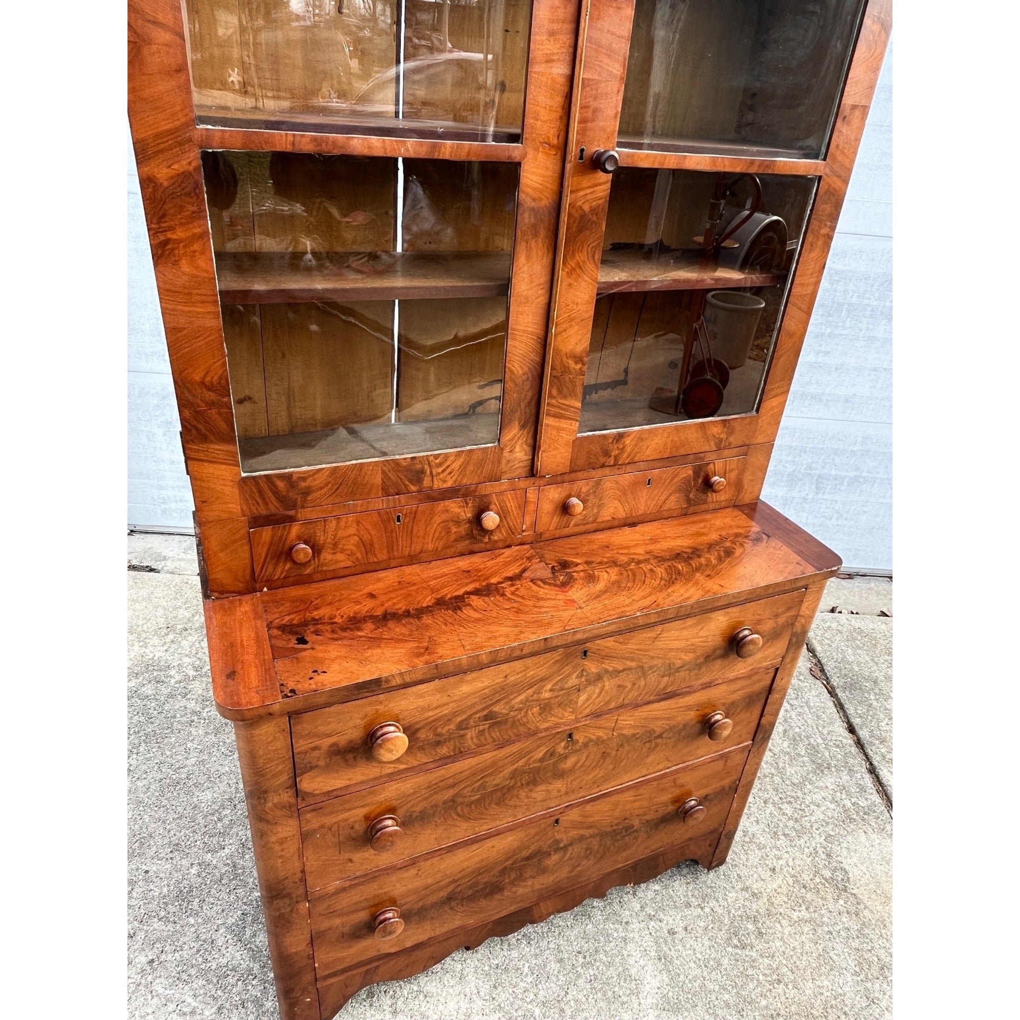 Antique Mahogany or Burl Oak Book Case Secretary 2-Piece Cabinet Drawers