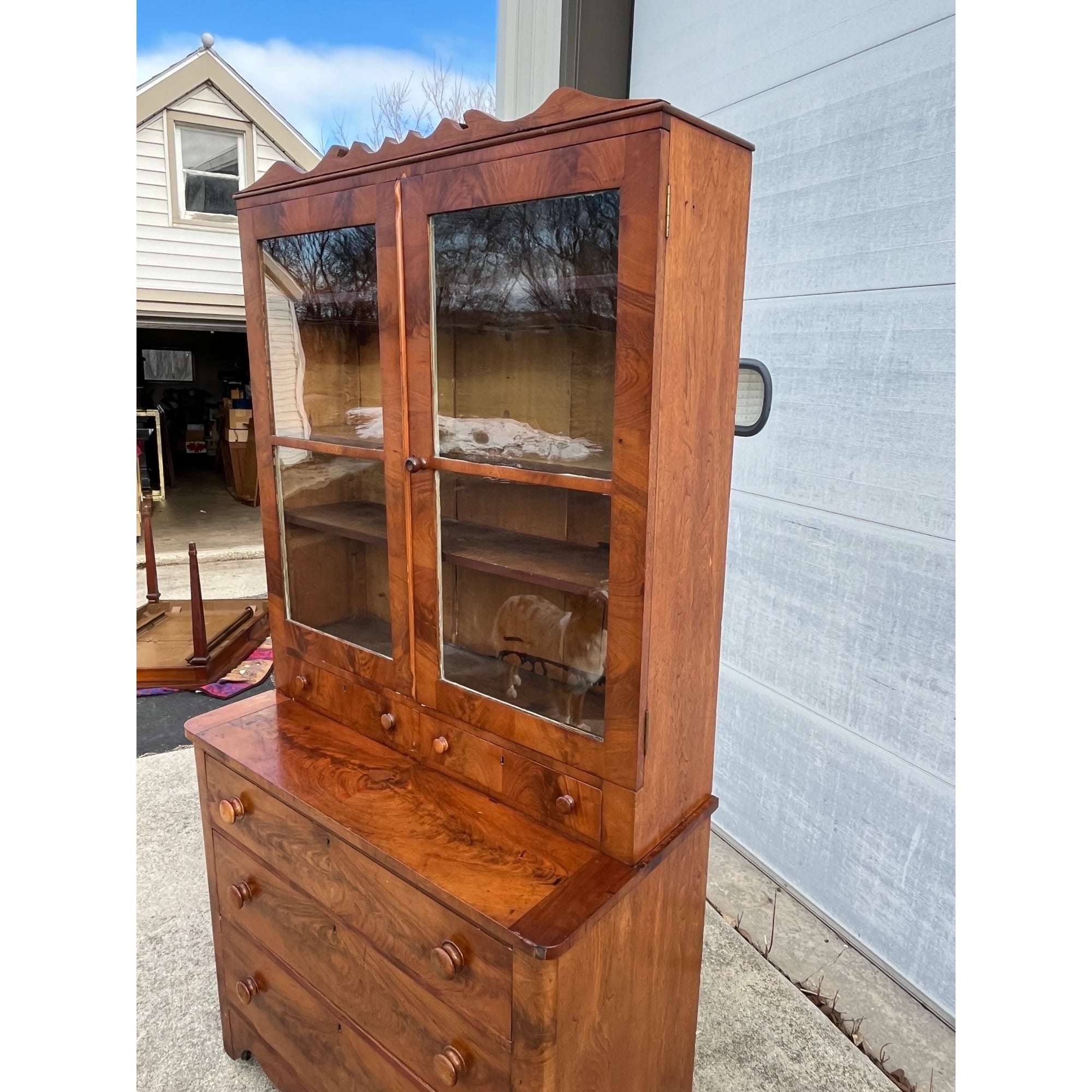 Antique Mahogany or Burl Oak Book Case Secretary 2-Piece Cabinet Drawers