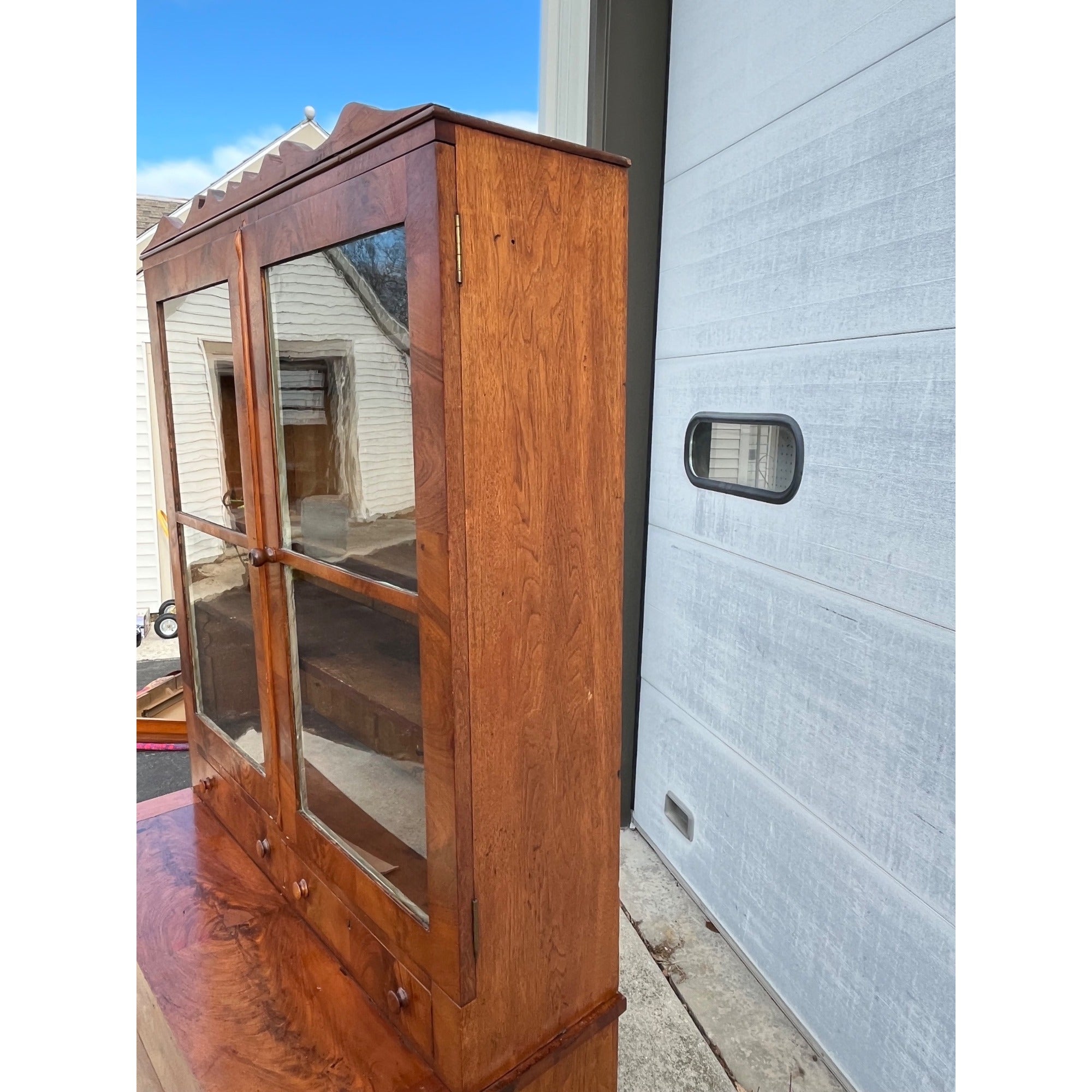 Antique Mahogany or Burl Oak Book Case Secretary 2-Piece Cabinet Drawers