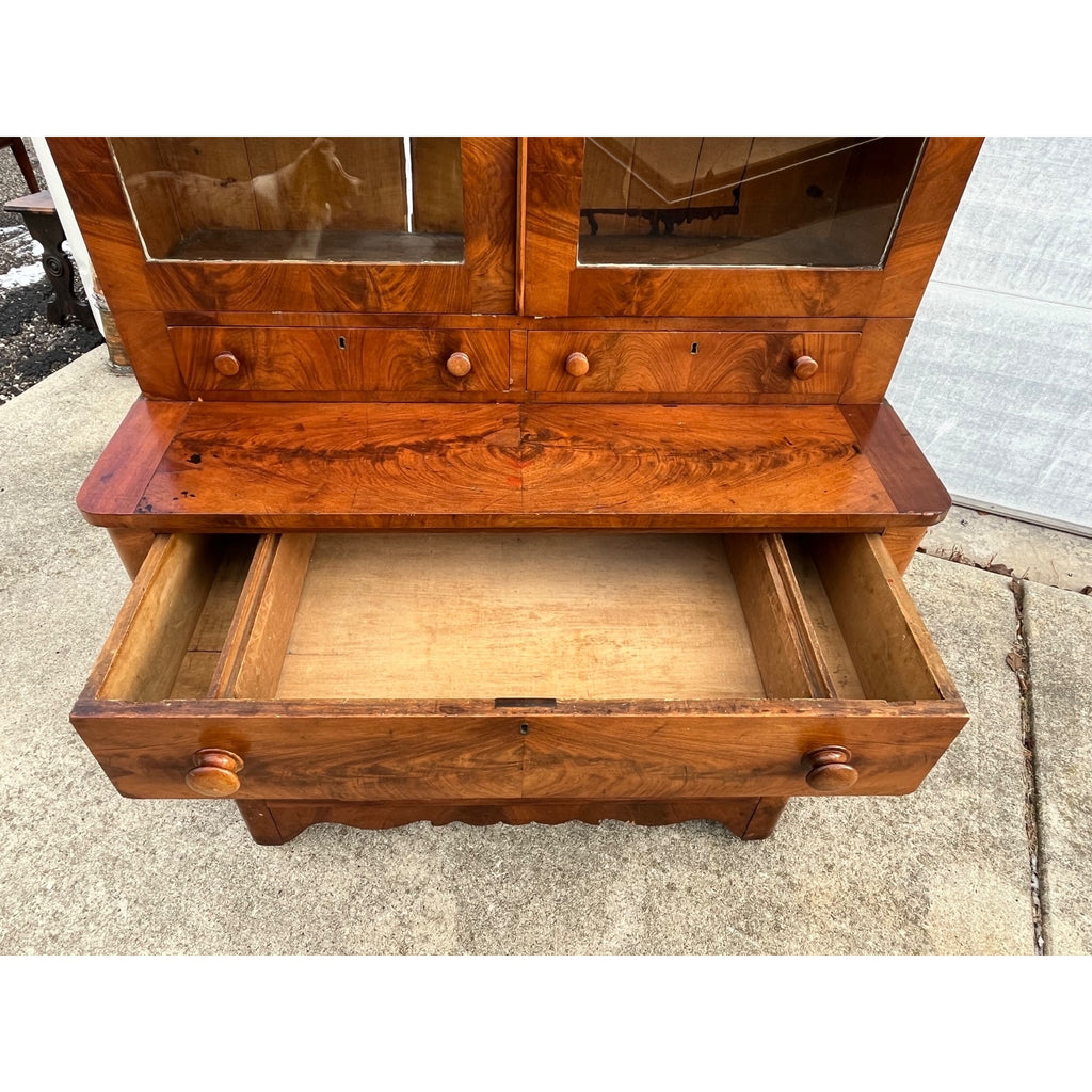 Antique Mahogany or Burl Oak Book Case Secretary 2-Piece Cabinet Drawers