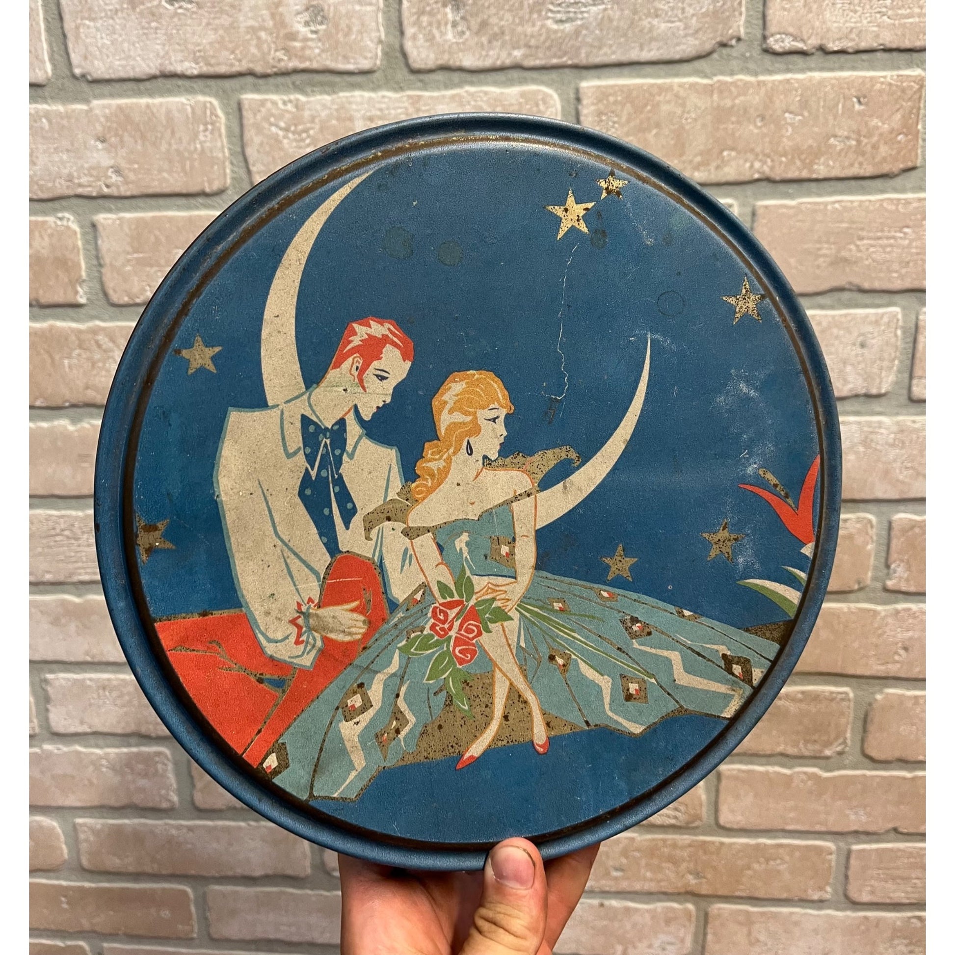 Vintage 1930s Queen Anne Candy Art Deco Nouveau Container Tin Advertising Litho
