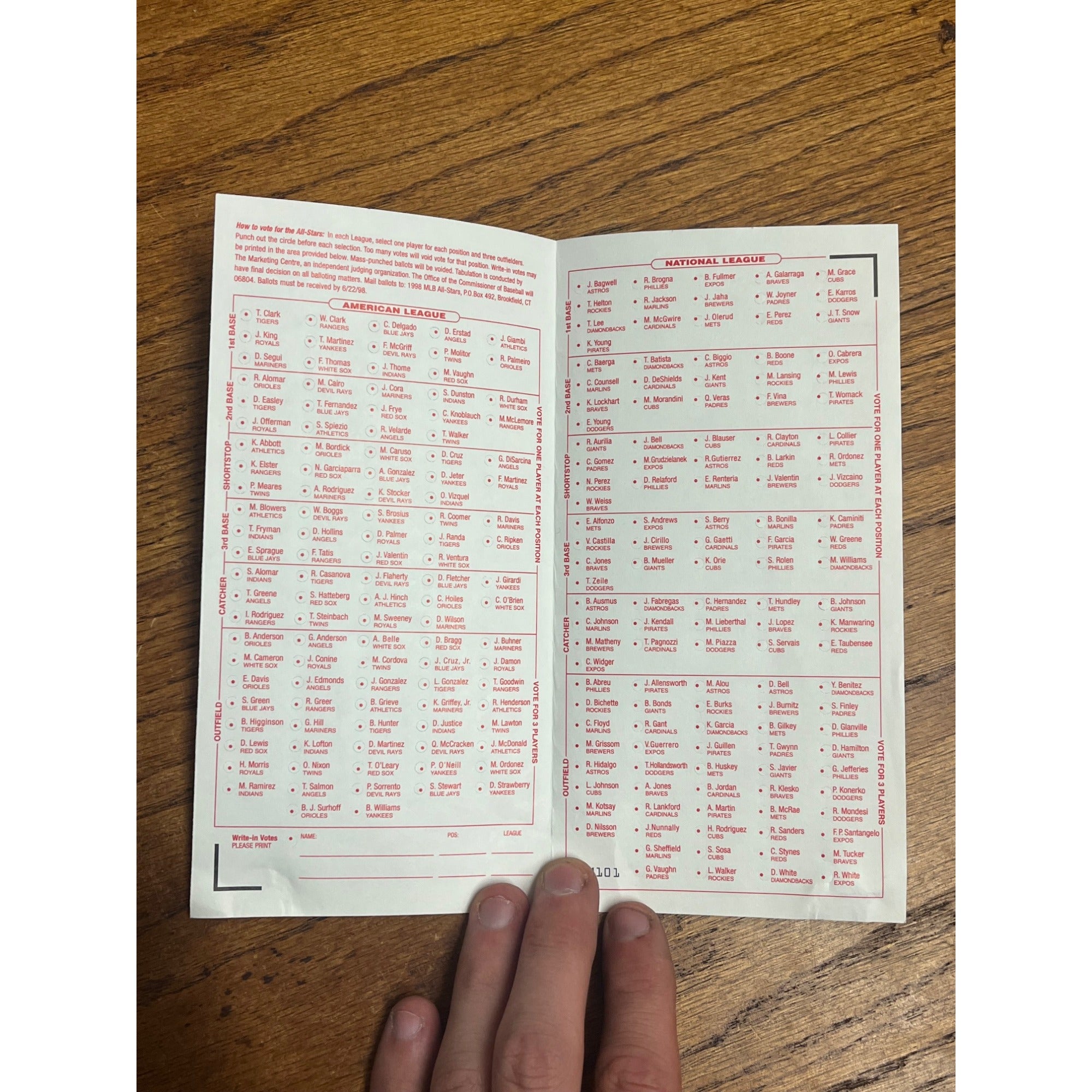 Vintage 1998 Official MLB All-Star Voting Ballot Unused - Colorado Rockies