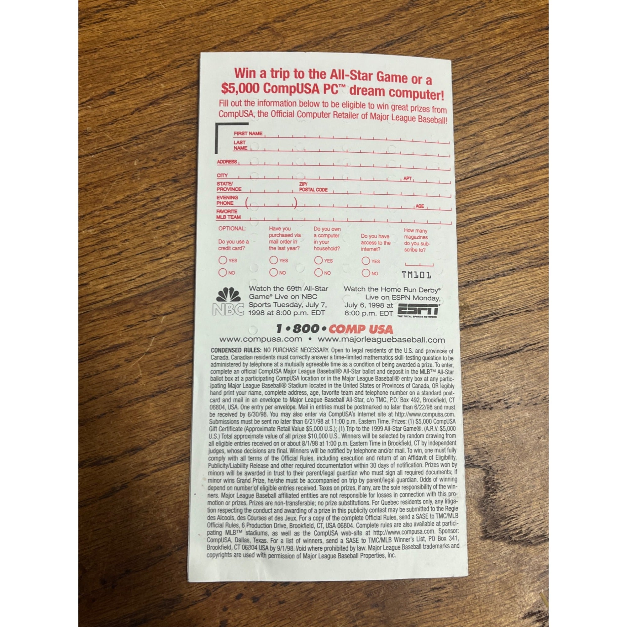 Vintage 1998 Official MLB All-Star Voting Ballot Unused - Colorado Rockies