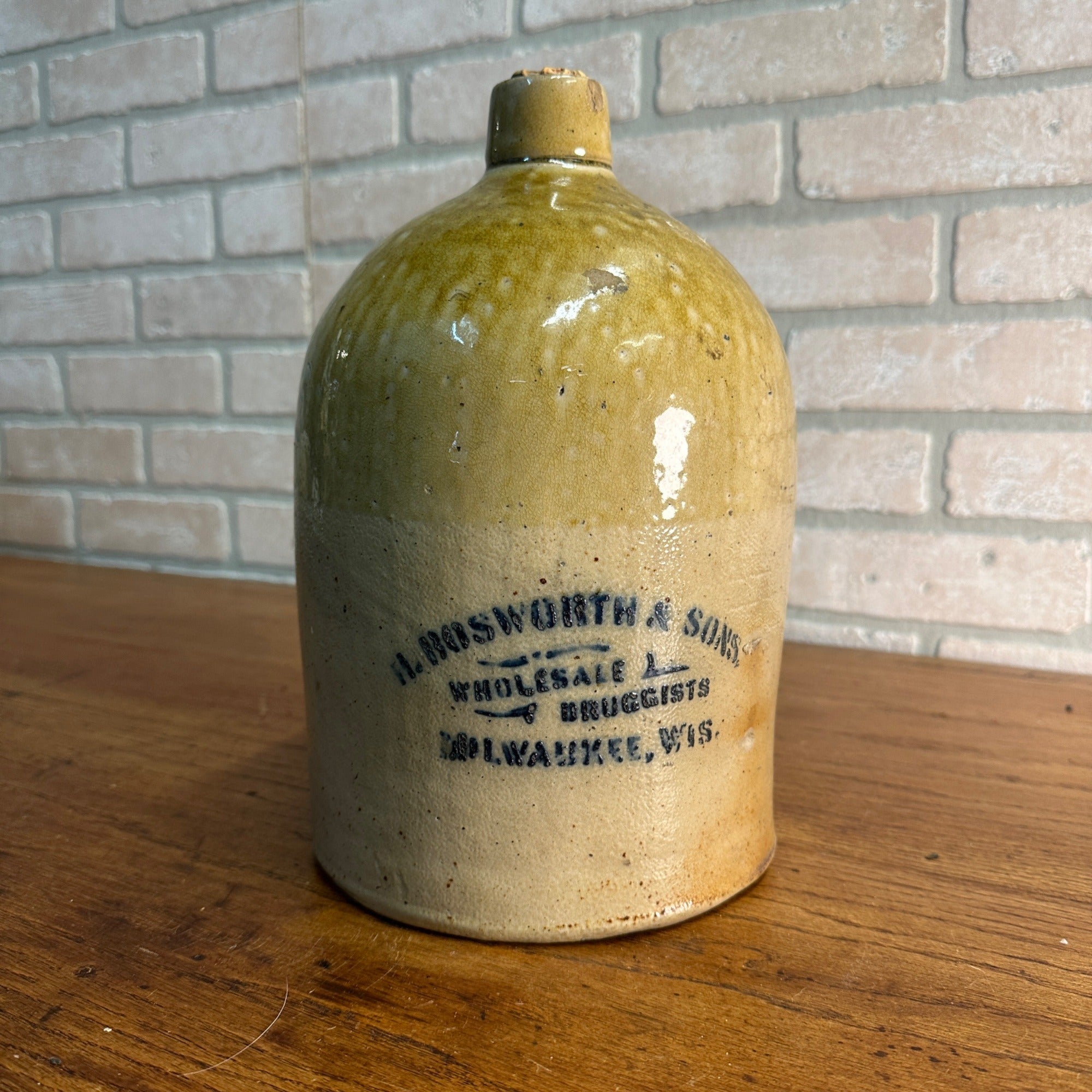 Antique Bosworth & Sons Druggists Milwaukee Wis Stoneware Two-Tone Jug