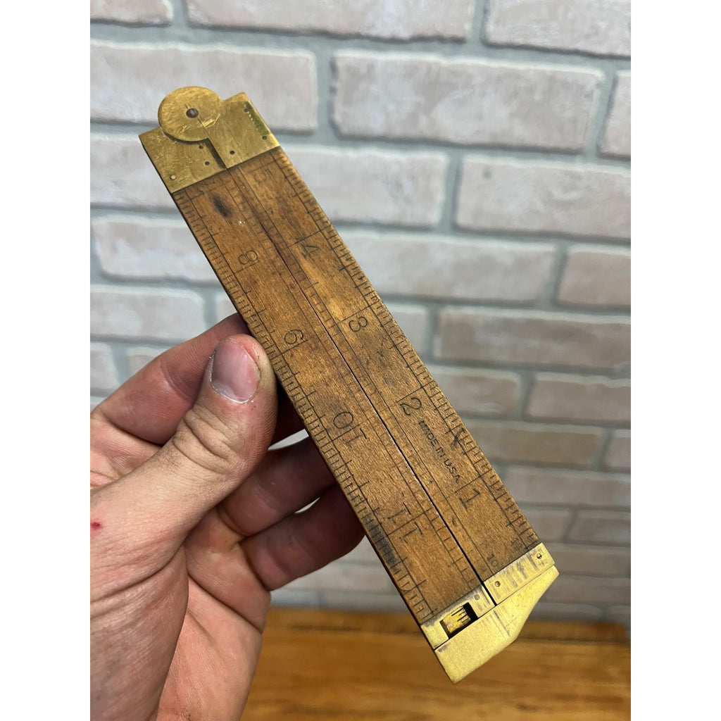 Vintage Lufkin No 372 Boxwood Brass Folding12" Ruler with Brass Caliper