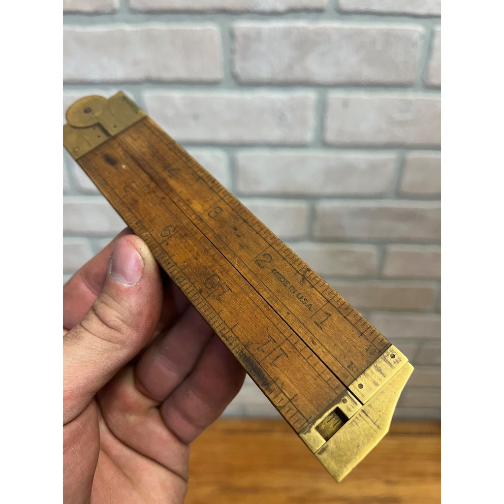 Vintage Lufkin No 372 Boxwood Brass Folding12" Ruler with Brass Caliper
