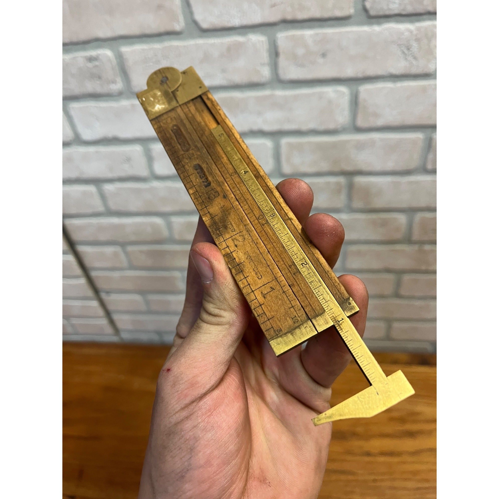Vintage Lufkin No 372 Boxwood Brass Folding12" Ruler with Brass Caliper
