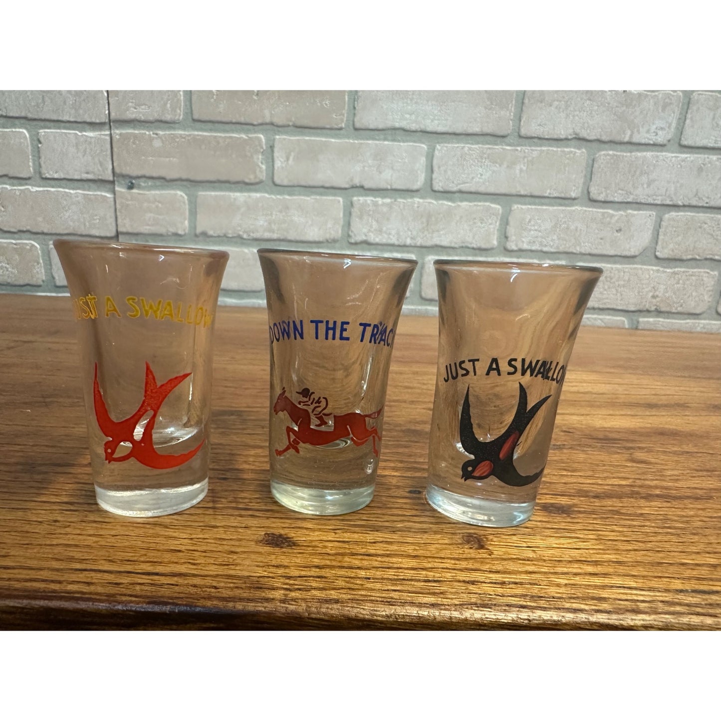 Vintage 1960s Novelty Shot Glasses MCM Just a Swallow / Down the Track Barware