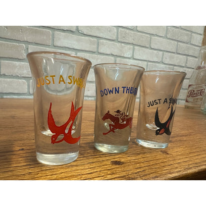 Vintage 1960s Novelty Shot Glasses MCM Just a Swallow / Down the Track Barware