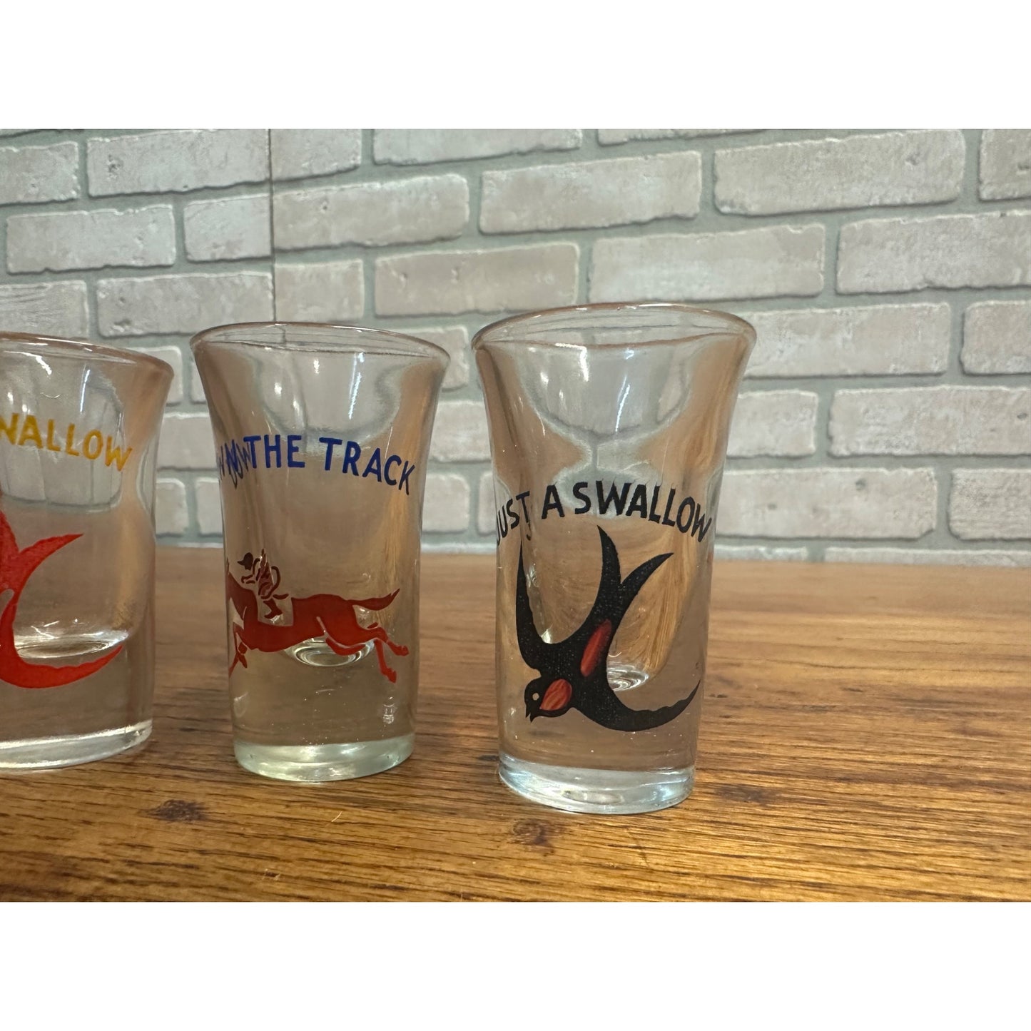 Vintage 1960s Novelty Shot Glasses MCM Just a Swallow / Down the Track Barware