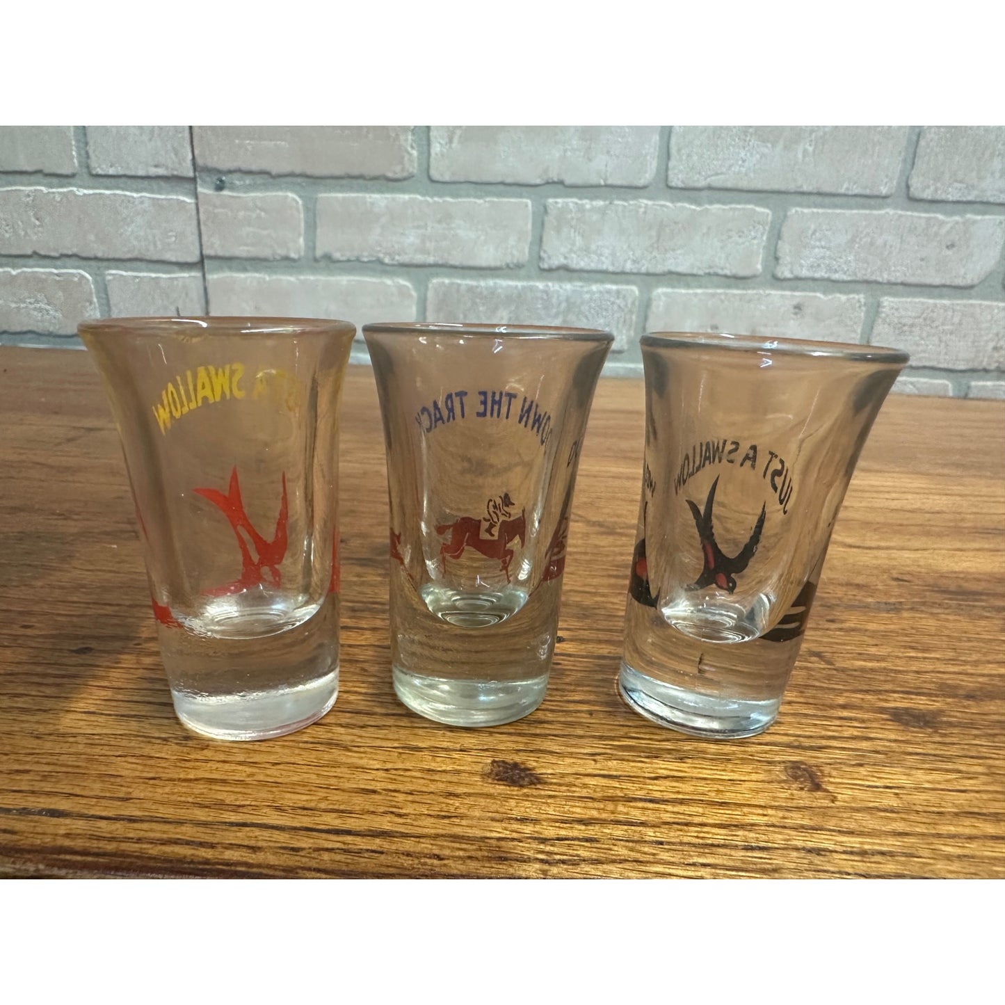 Vintage 1960s Novelty Shot Glasses MCM Just a Swallow / Down the Track Barware