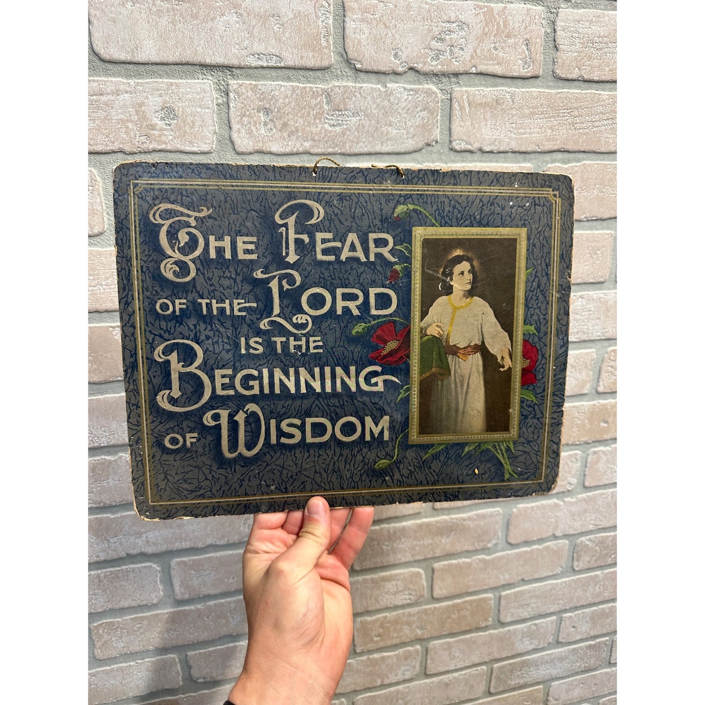 Antique c1890s Fear of the Lord is Beginning of Widsom Wall Art Sign Religious