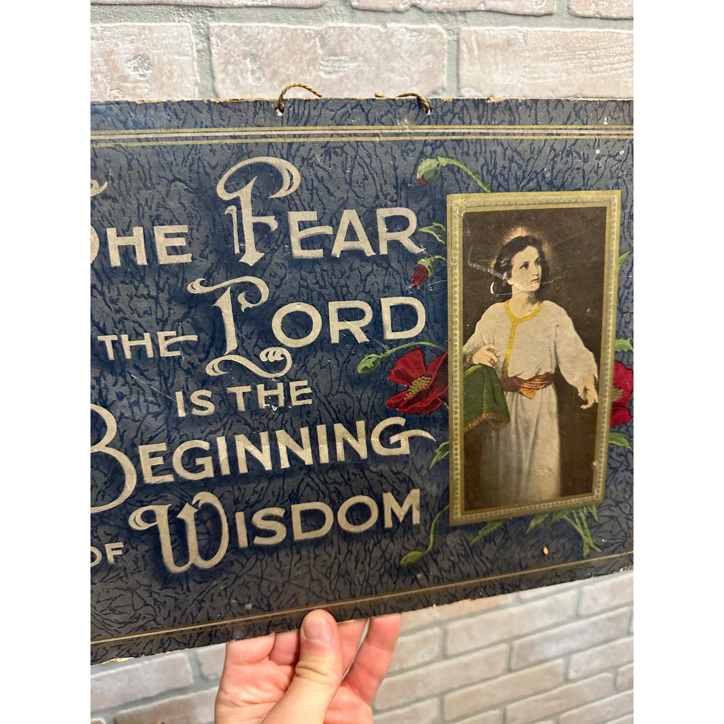 Antique c1890s Fear of the Lord is Beginning of Widsom Wall Art Sign Religious