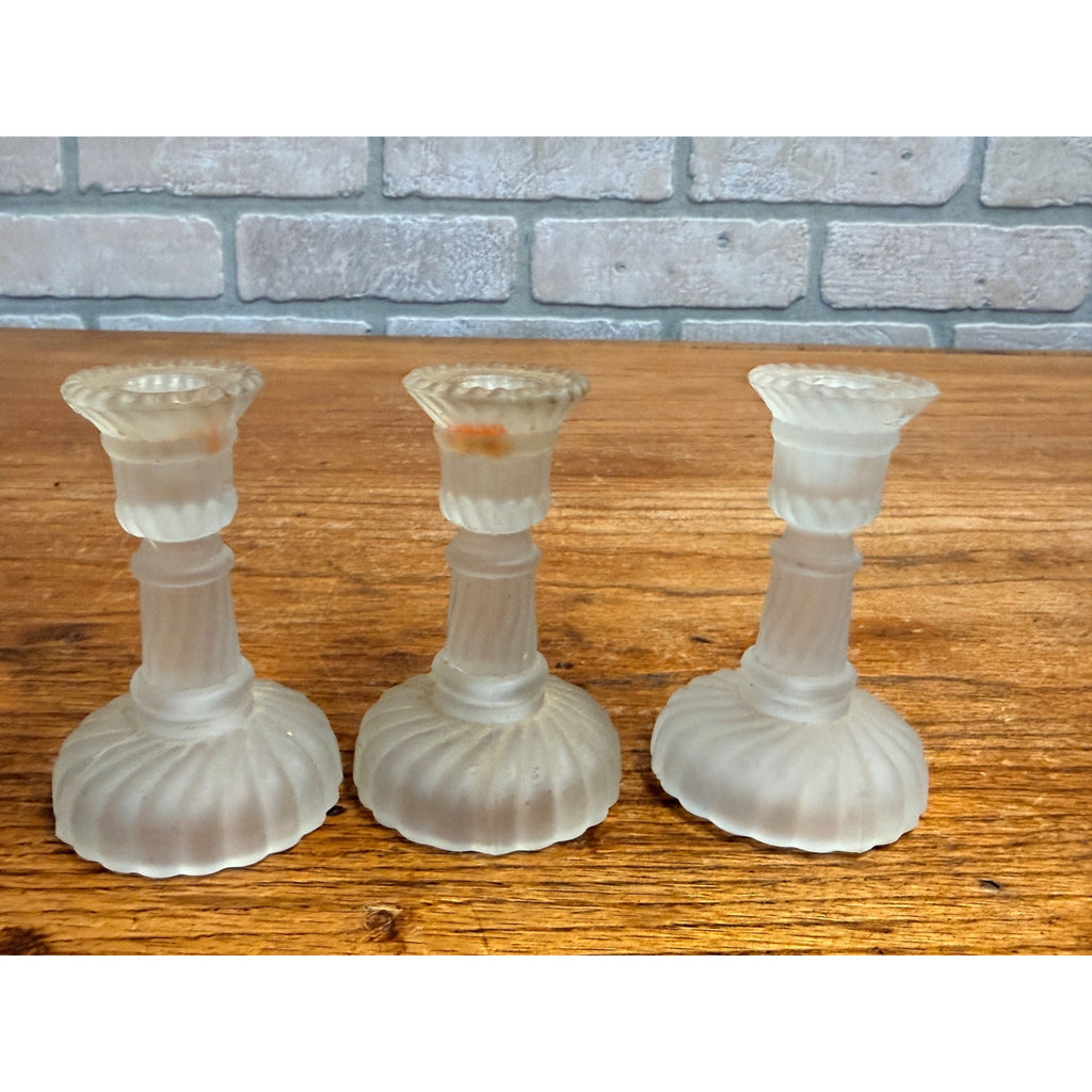 Vintage Set of 3 Miniature Frosted Glass Swirl Candle Stick Holders Lenox Taiwan