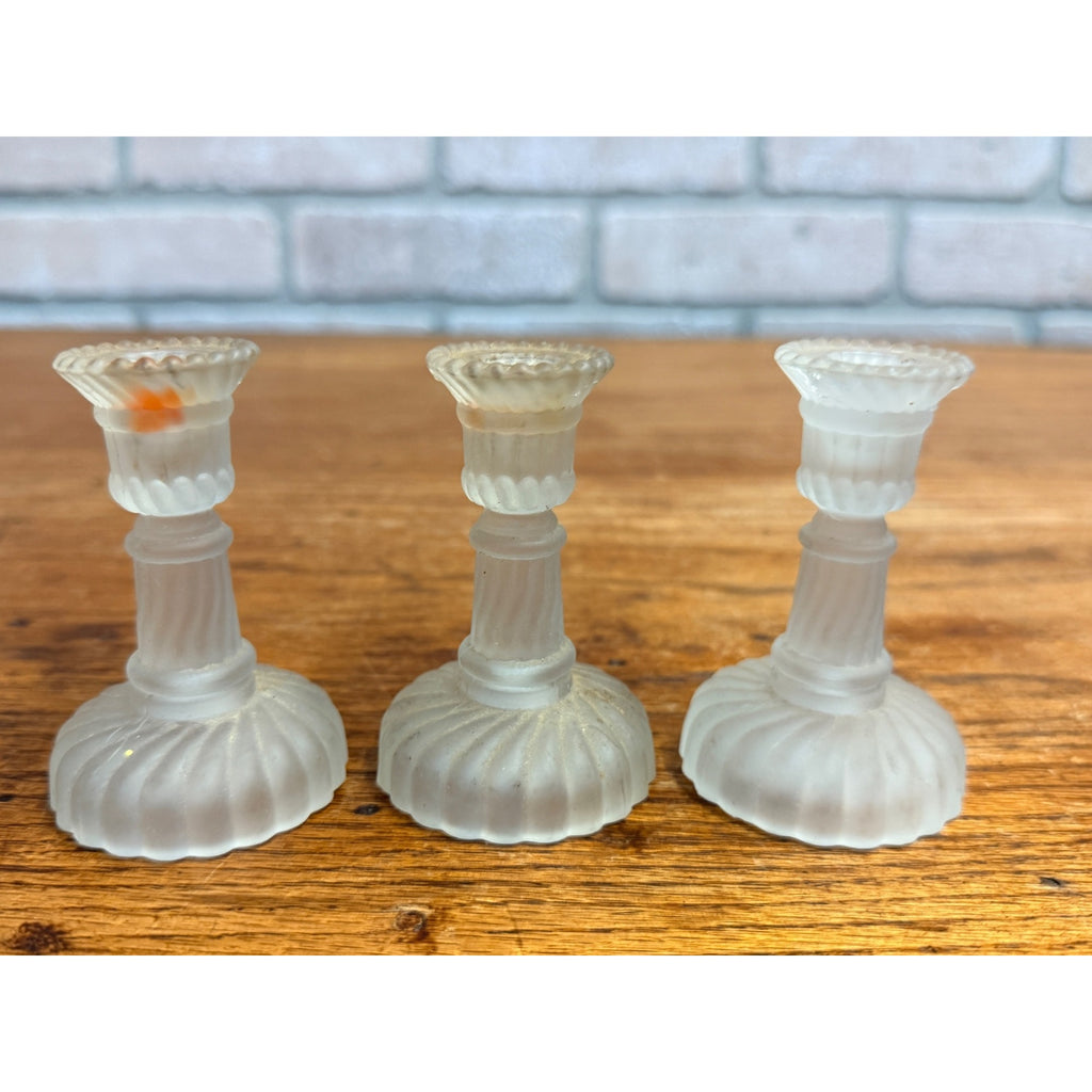 Vintage Set of 3 Miniature Frosted Glass Swirl Candle Stick Holders Lenox Taiwan