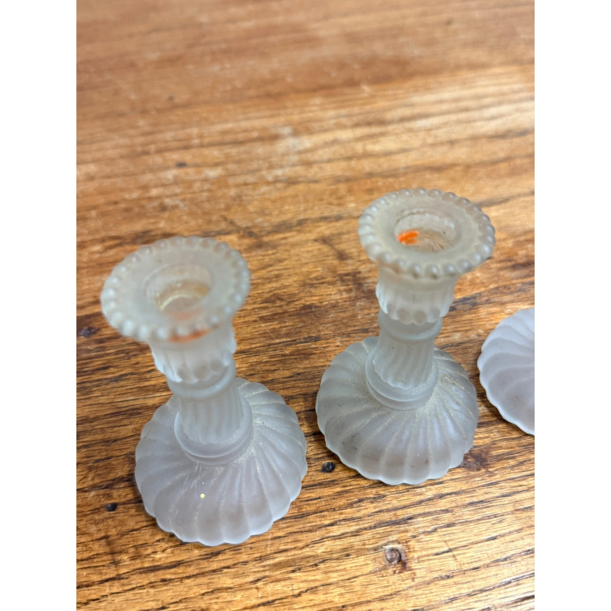 Vintage Set of 3 Miniature Frosted Glass Swirl Candle Stick Holders Lenox Taiwan