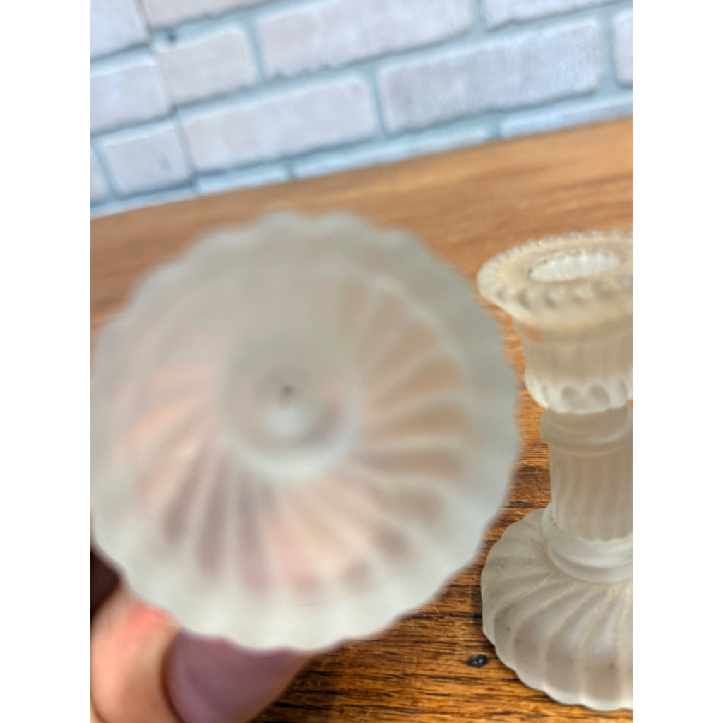 Vintage Set of 3 Miniature Frosted Glass Swirl Candle Stick Holders Lenox Taiwan