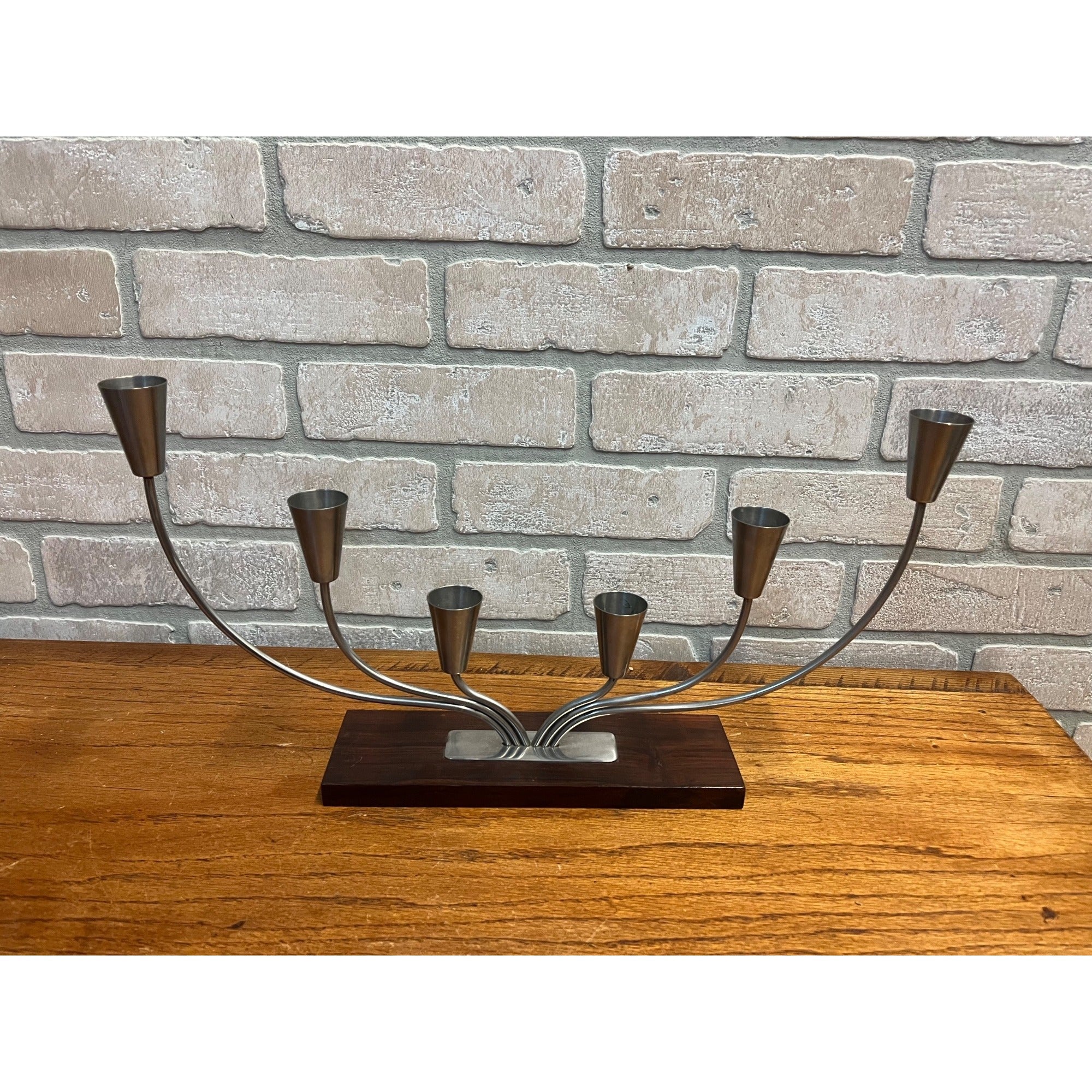 Vintage MCM Danish Stainless Steel Wood Base Candle Stick 6 Holder Candelabra MG