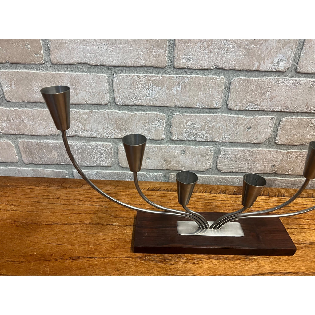 Vintage MCM Danish Stainless Steel Wood Base Candle Stick 6 Holder Candelabra MG