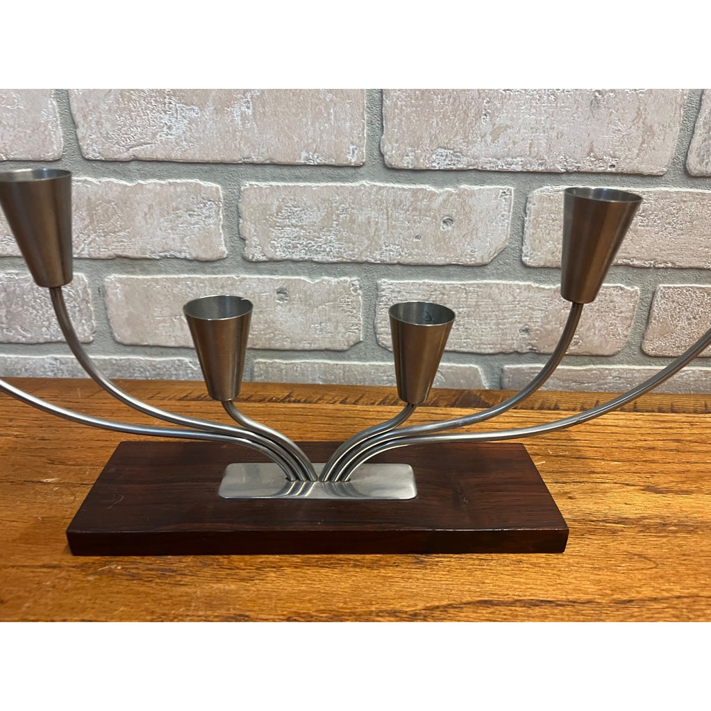 Vintage MCM Danish Stainless Steel Wood Base Candle Stick 6 Holder Candelabra MG