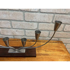 Vintage MCM Danish Stainless Steel Wood Base Candle Stick 6 Holder Candelabra MG