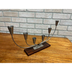 Vintage MCM Danish Stainless Steel Wood Base Candle Stick 6 Holder Candelabra MG