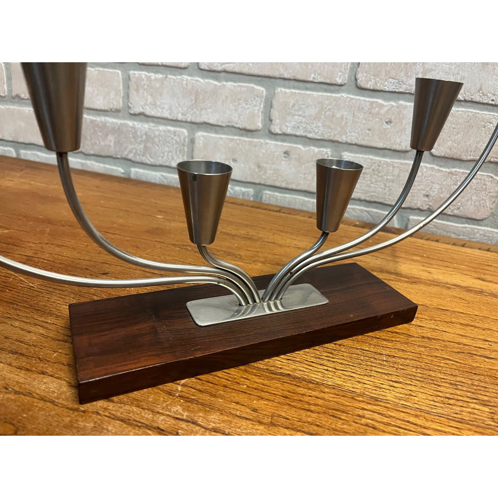 Vintage MCM Danish Stainless Steel Wood Base Candle Stick 6 Holder Candelabra MG