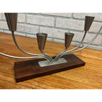 Vintage MCM Danish Stainless Steel Wood Base Candle Stick 6 Holder Candelabra MG