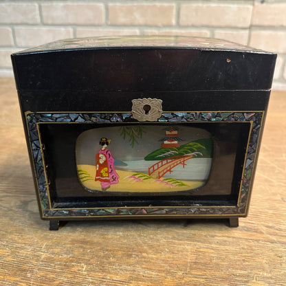 Vintage Japan Lacquered Hand Painted Mother of Pearl Inlay Jewelry Music Box