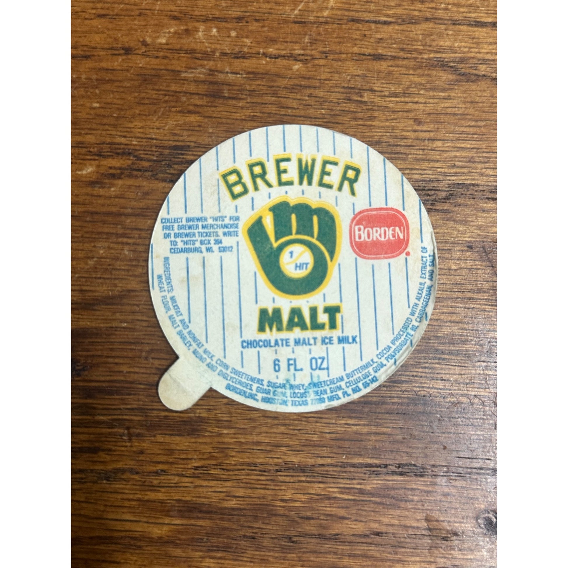 Vintage 1980s Milwaukee Brewers Borden Malt Ice Cream Lid RARE