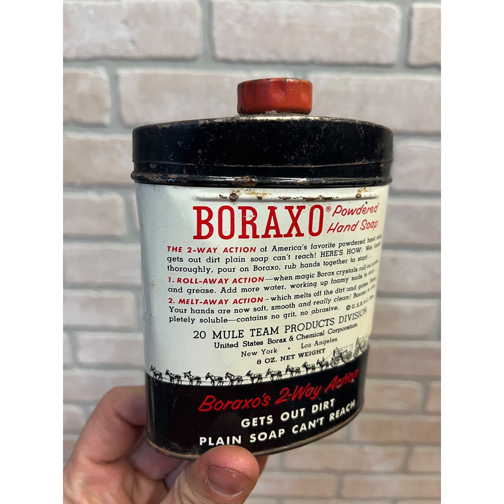 Vintage Boraxo Powered Hand Soap 20 Mule Team Advertising Empty Tin Can