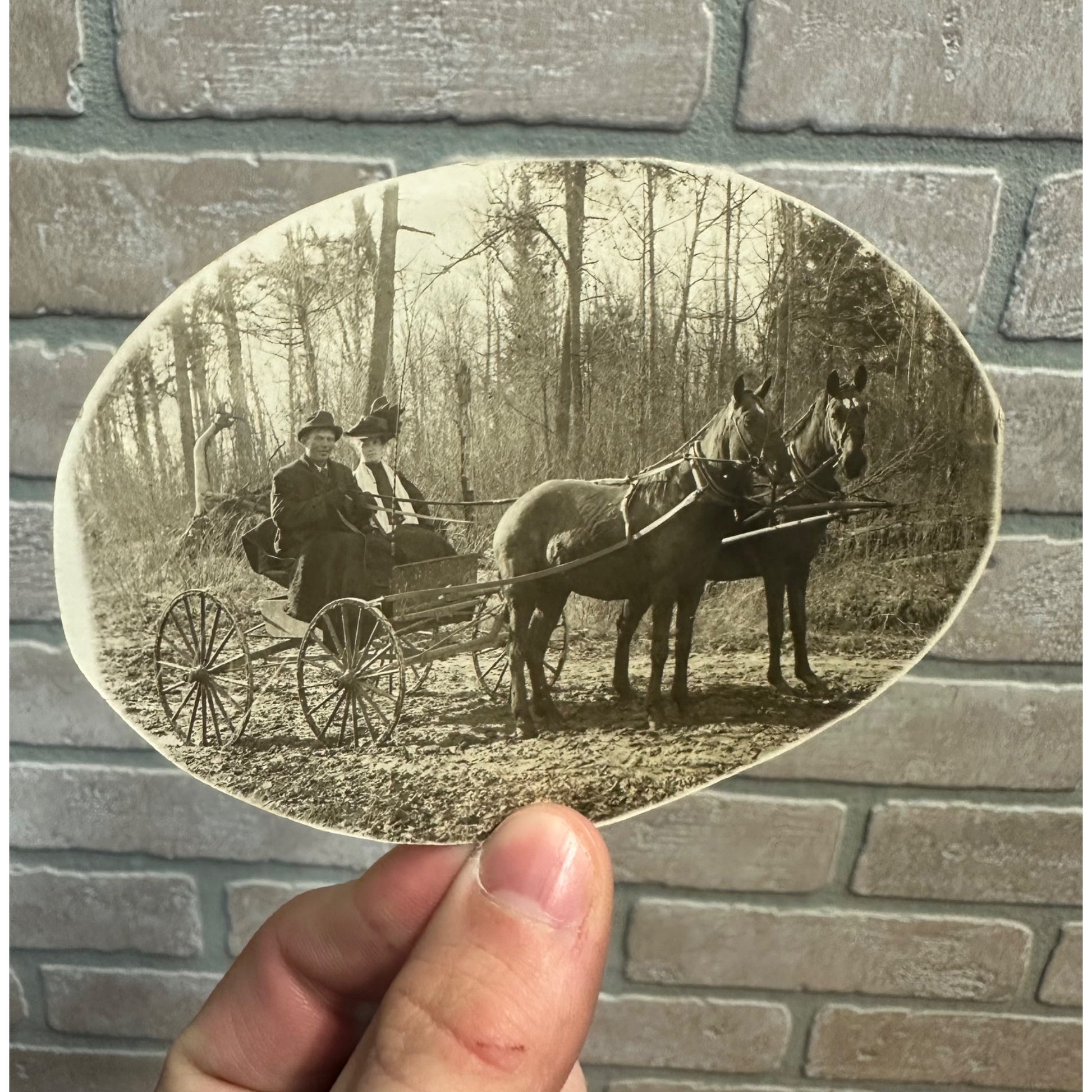 Vintage Man & Woman Horse Buggy Real Photo Postcard RPPC Trimmed Cut