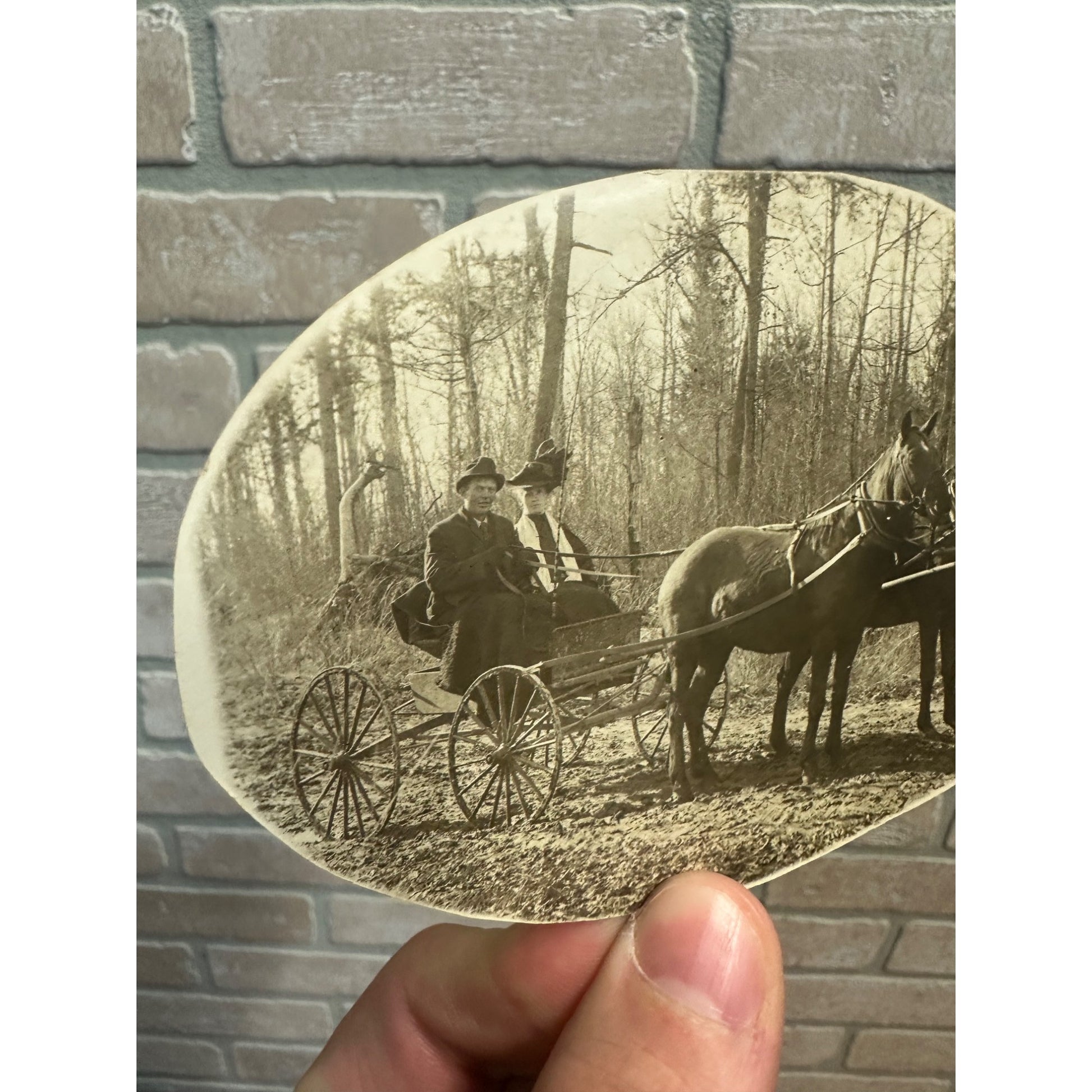 Vintage Man & Woman Horse Buggy Real Photo Postcard RPPC Trimmed Cut