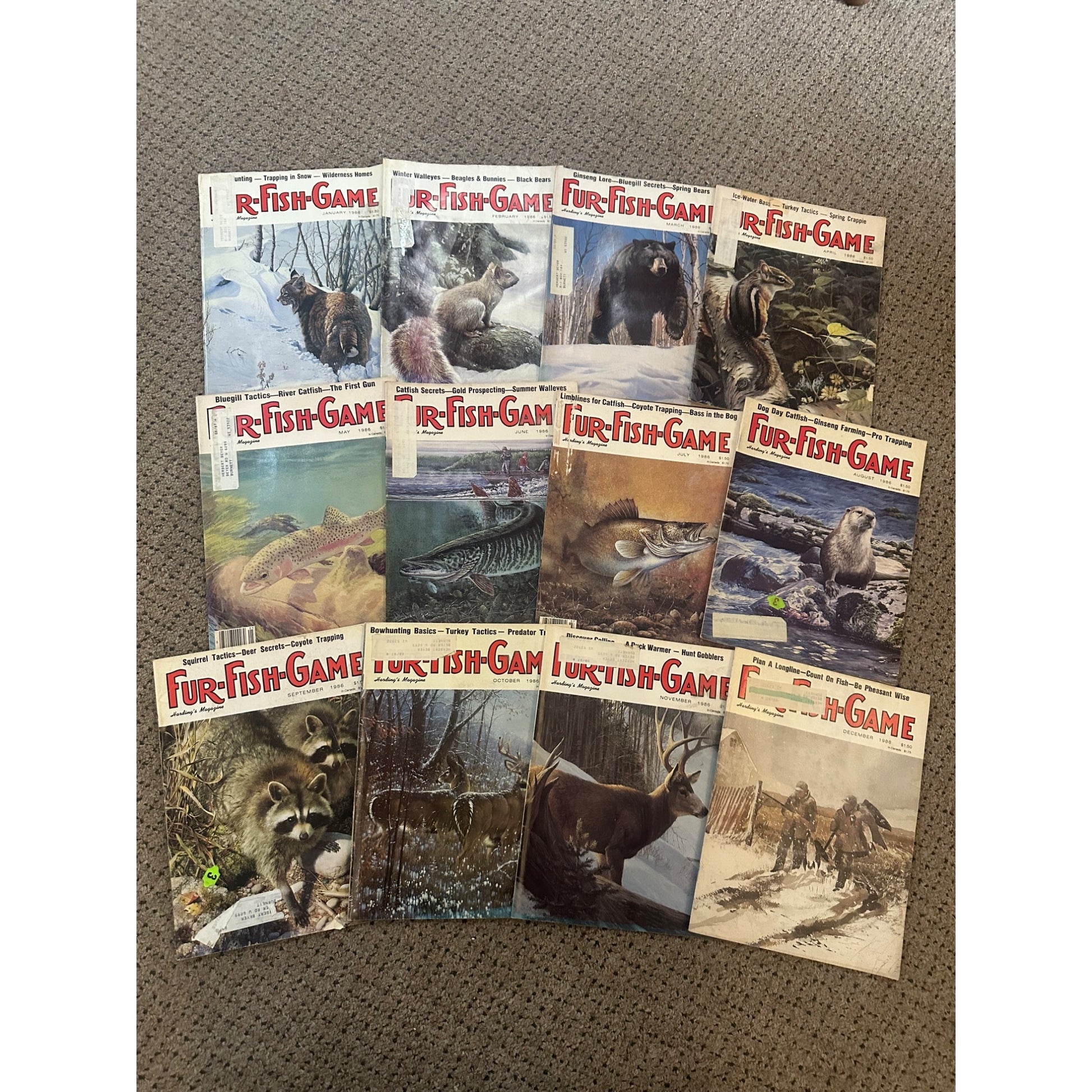 Vintage 1986 Fur, Fish, & Game Magazines Complete Full Year Set Hunting Fishing