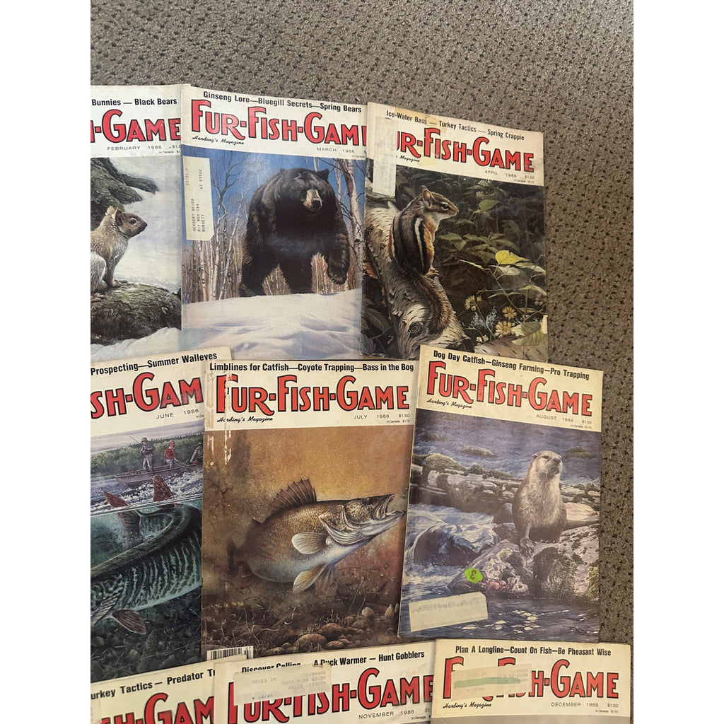 Vintage 1986 Fur, Fish, & Game Magazines Complete Full Year Set Hunting Fishing