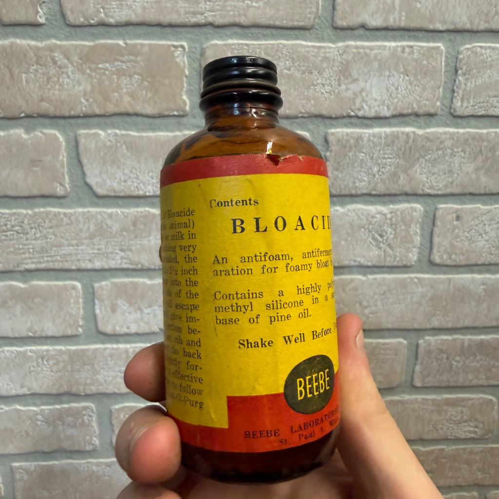 Vintage Amber Glass Bottle With Metal Screw Cap Bloacide Apothecary Pharmacy Beebe Laboratories