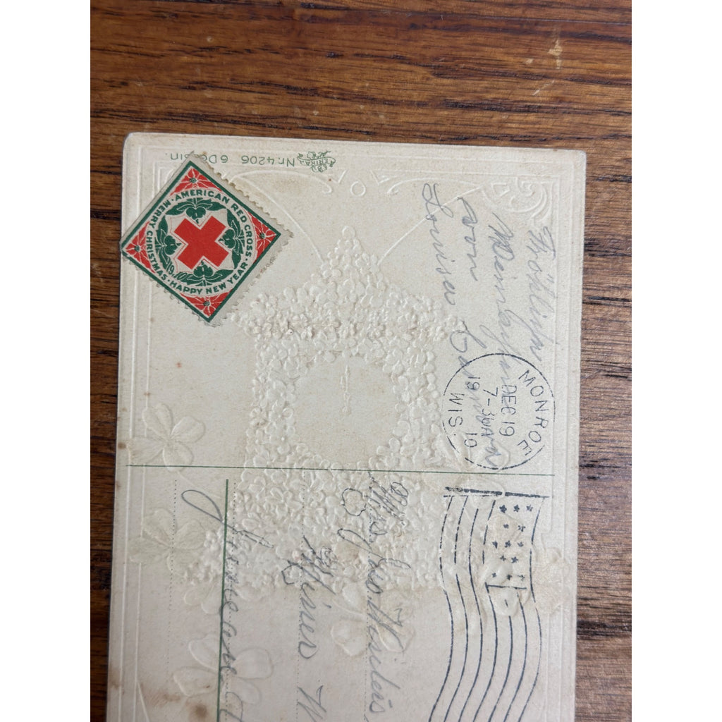 Vintage 1910 Christmas Postcard w/ Christmas Seal Tied American Red Cross New Year