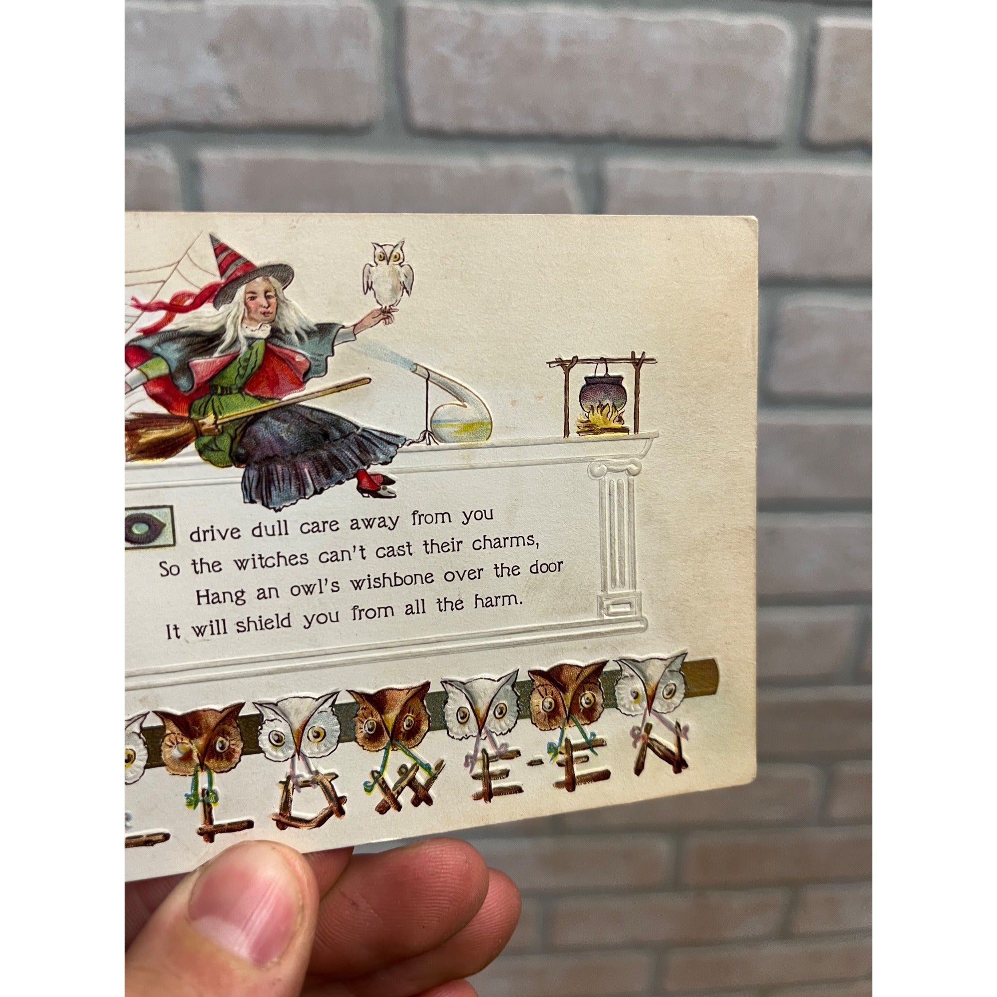 Vintage Halloween Postcard 1913 Witch JOL Owls Drive Dull Cares Away Nash H17