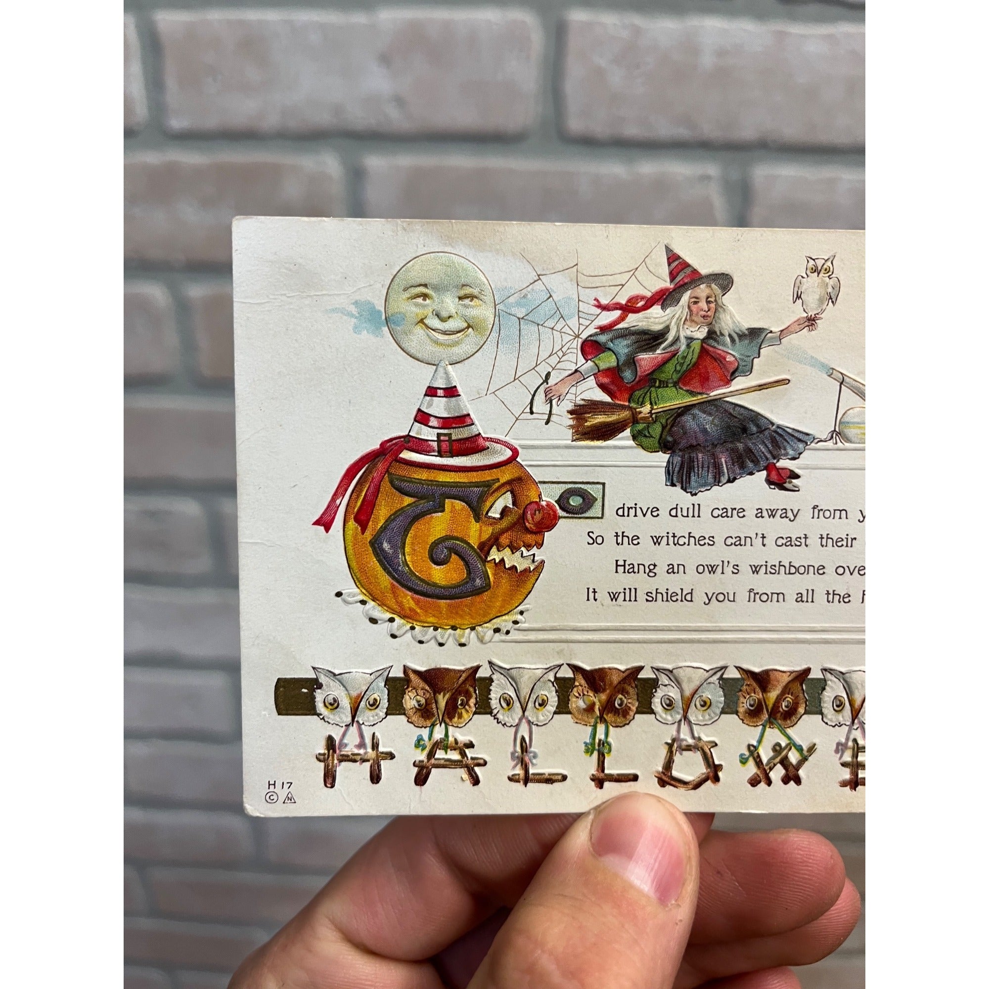Vintage Halloween Postcard 1913 Witch JOL Owls Drive Dull Cares Away Nash H17