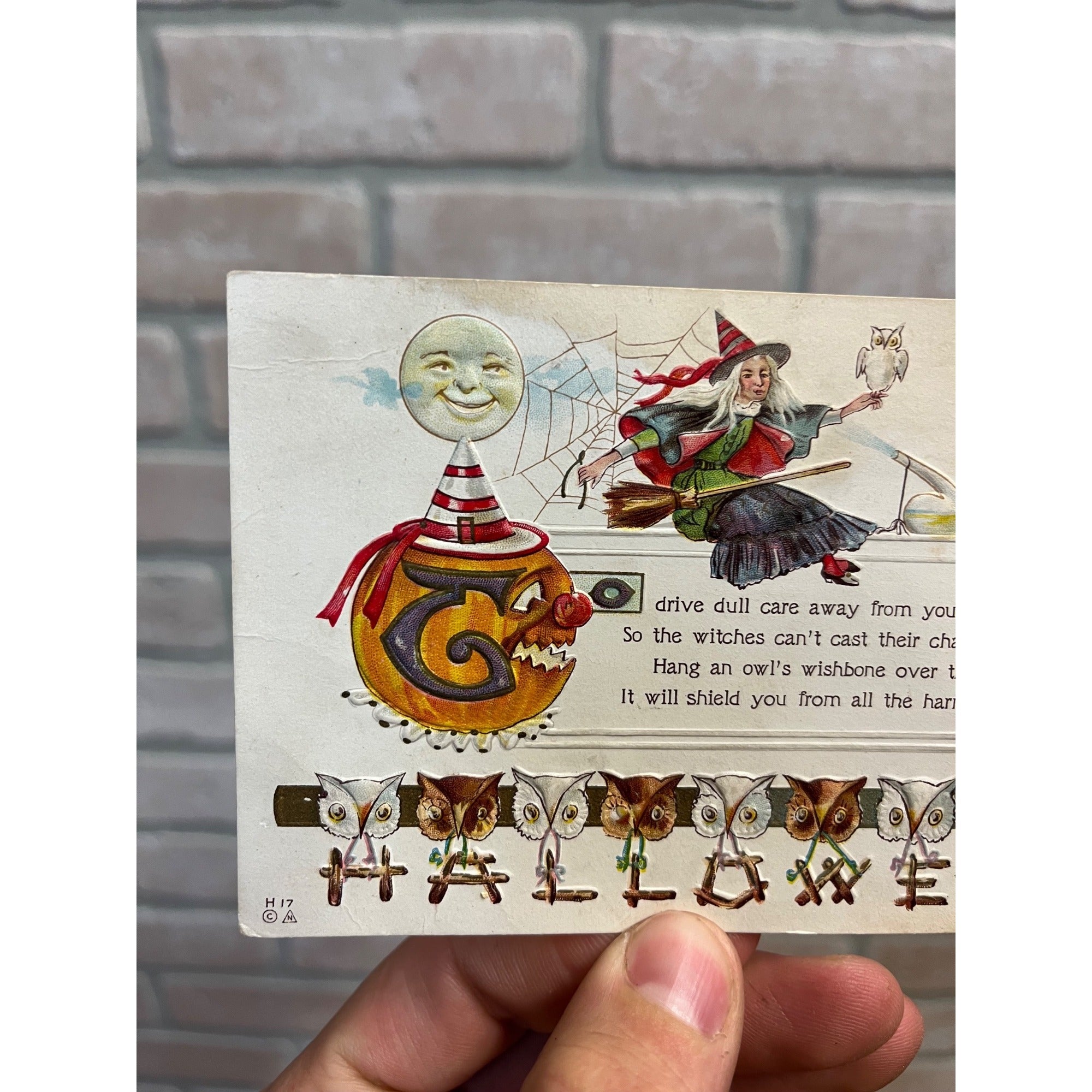 Vintage Halloween Postcard 1913 Witch JOL Owls Drive Dull Cares Away Nash H17