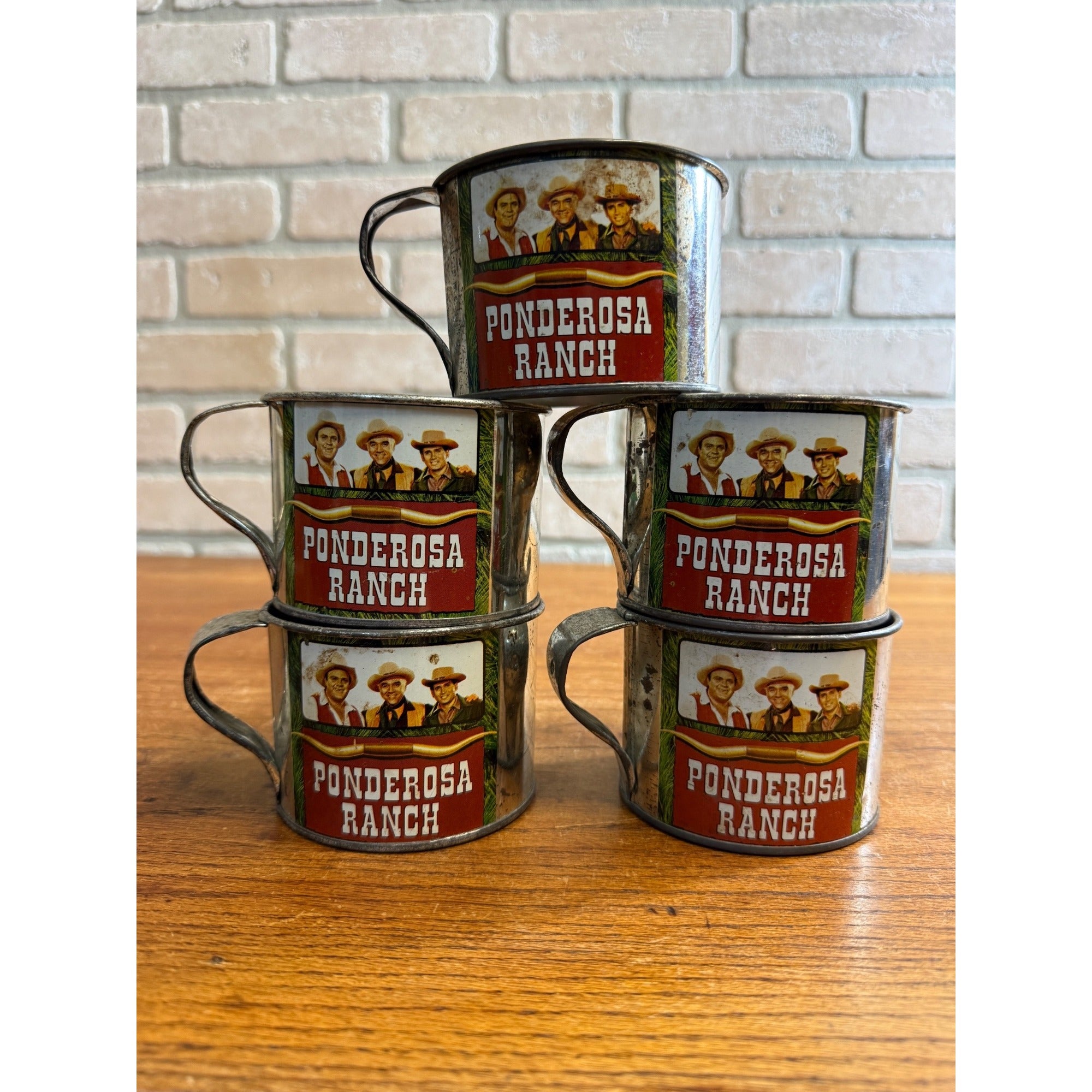 (5) 1960s Ponderosa Ranch Hoss Ben Little Joe Bonanza TV Show Tin Cups Vtg