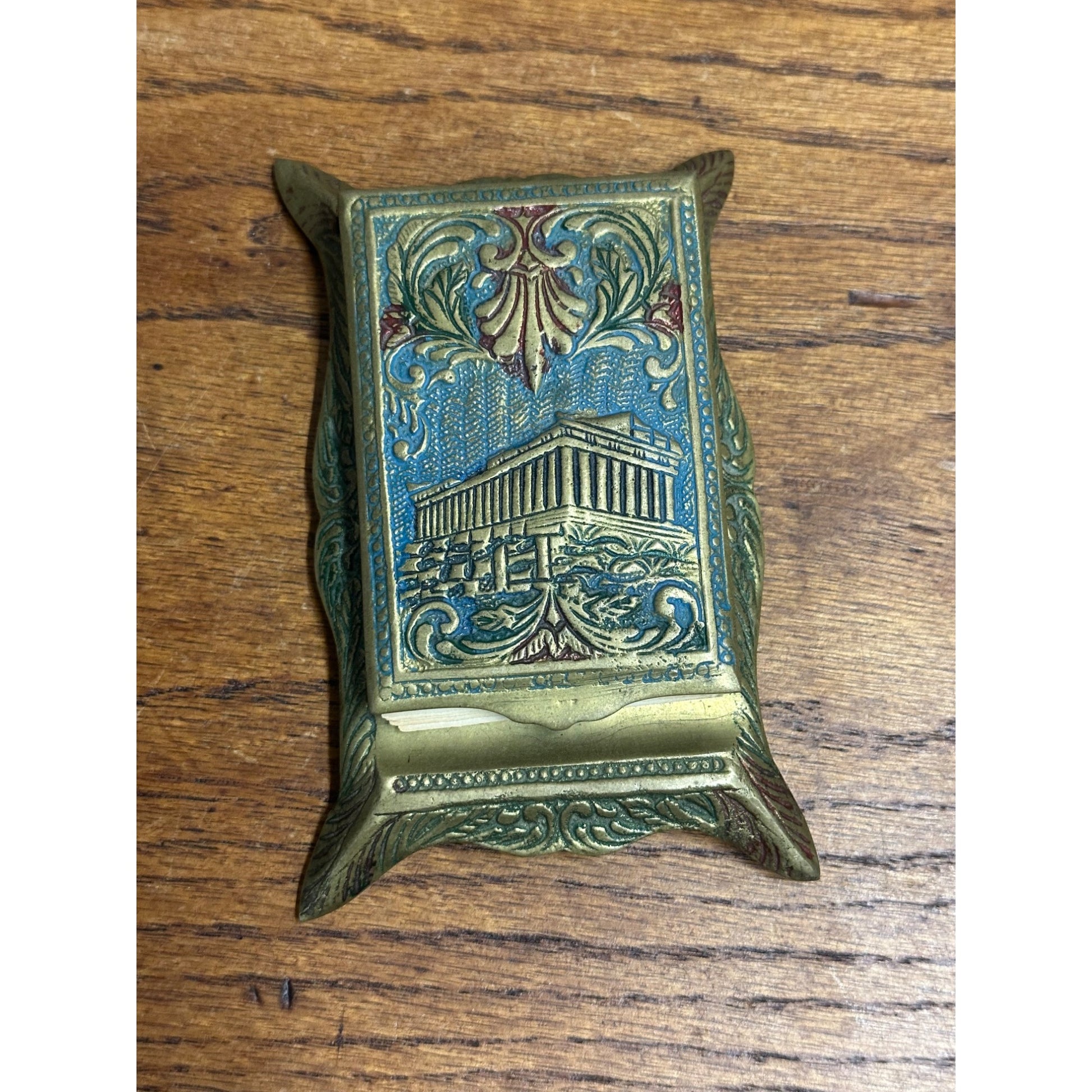 Vintage Brass Floral Parthenon Signed Inlaid Note Pad Pencil Holder Desktop