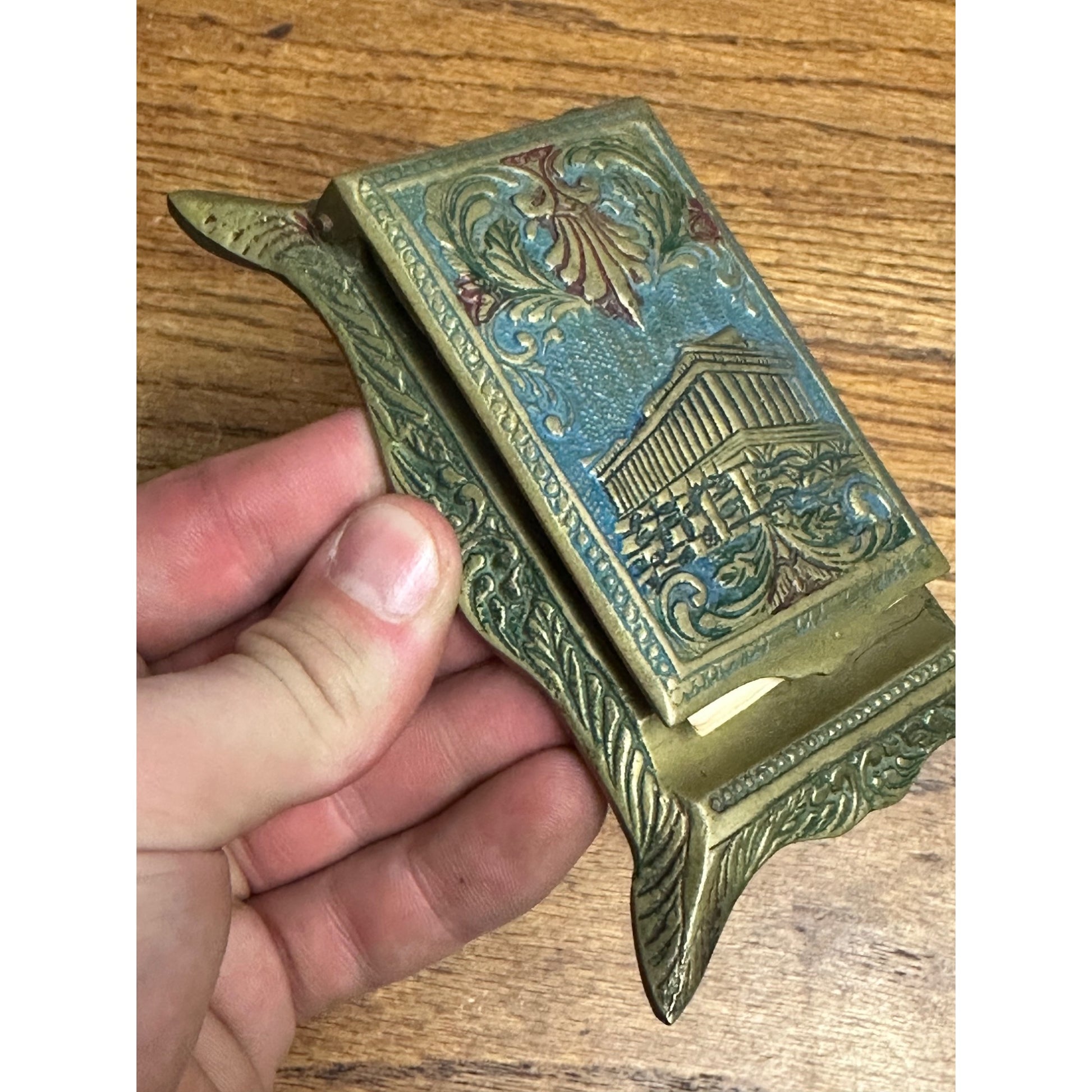 Vintage Brass Floral Parthenon Signed Inlaid Note Pad Pencil Holder Desktop