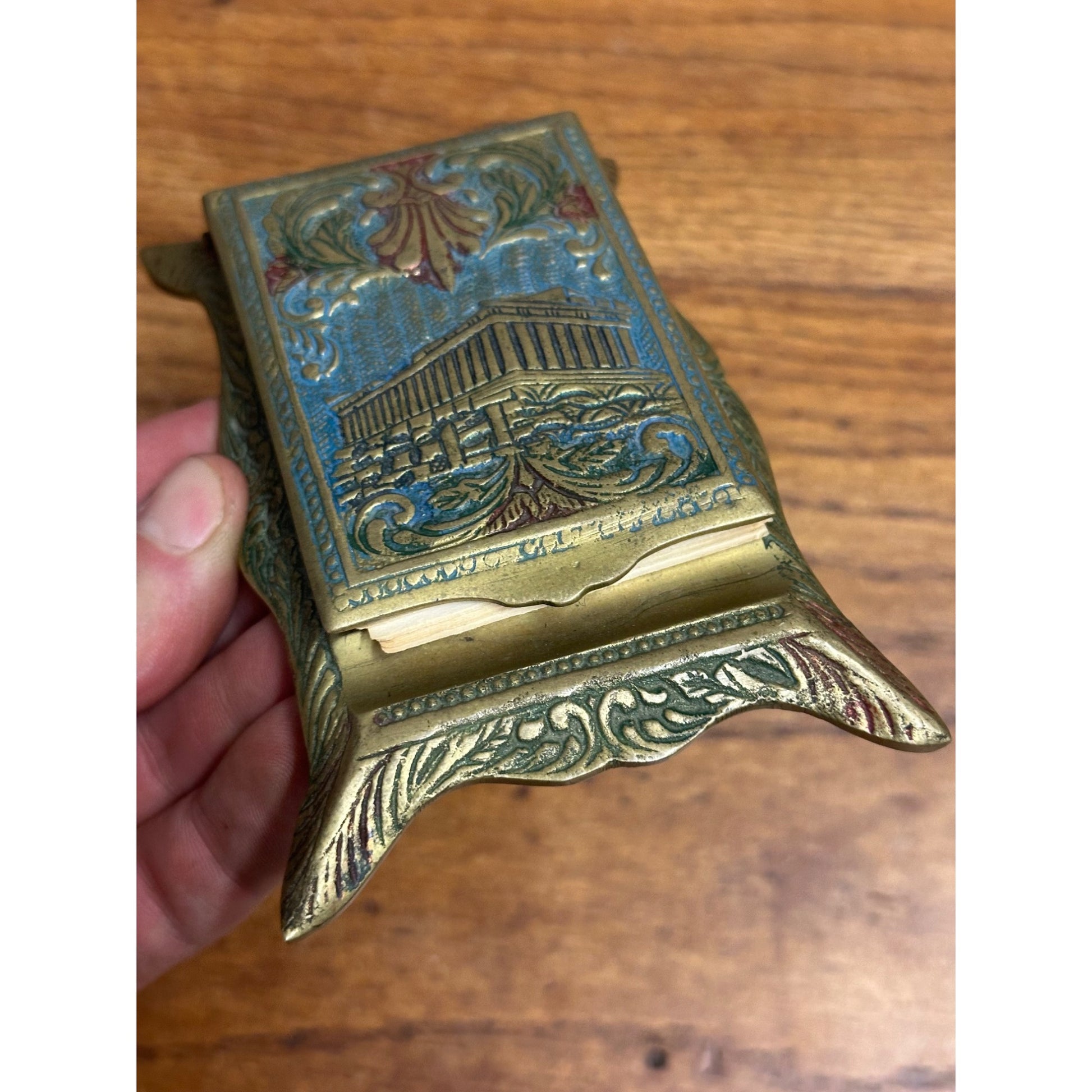 Vintage Brass Floral Parthenon Signed Inlaid Note Pad Pencil Holder Desktop