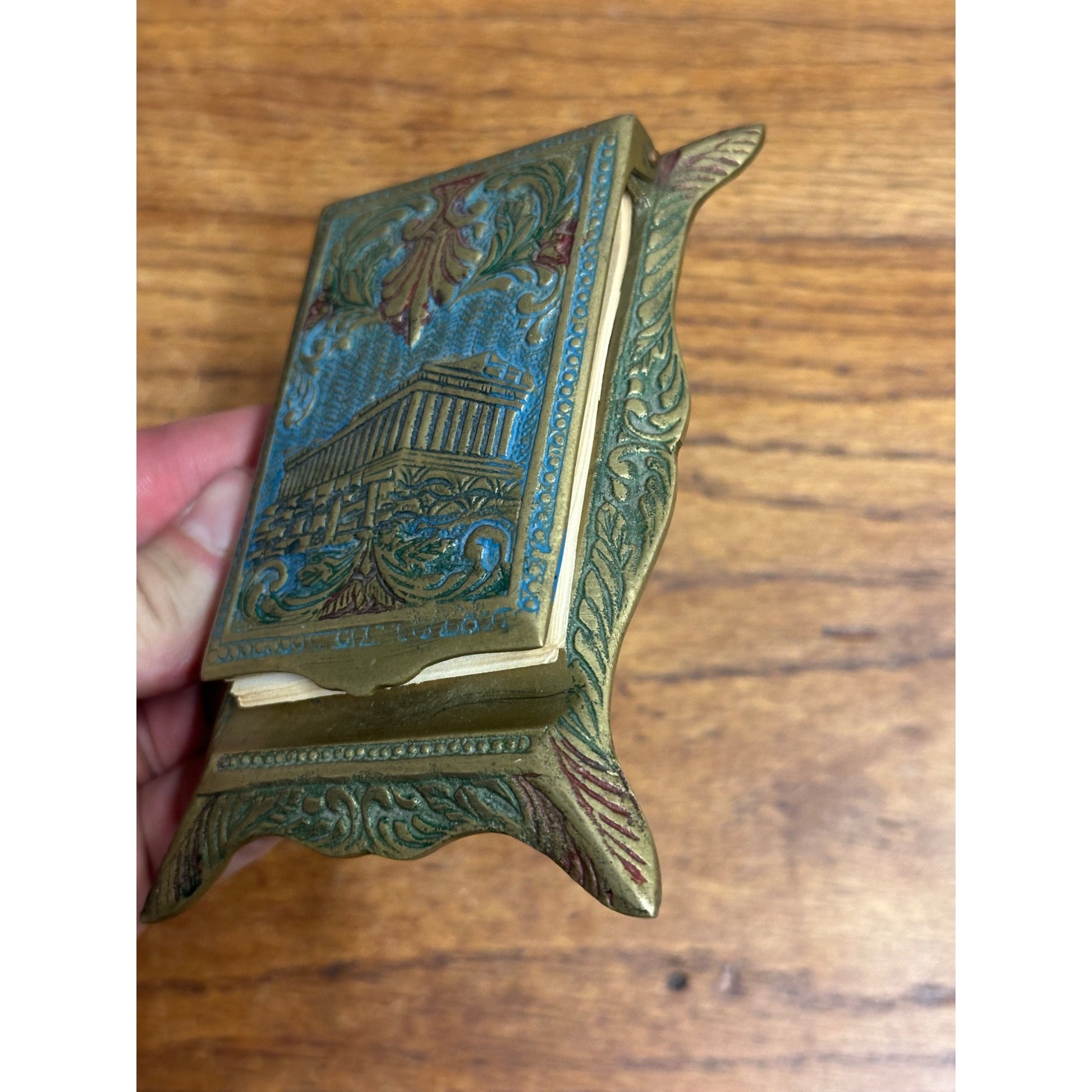 Vintage Brass Floral Parthenon Signed Inlaid Note Pad Pencil Holder Desktop