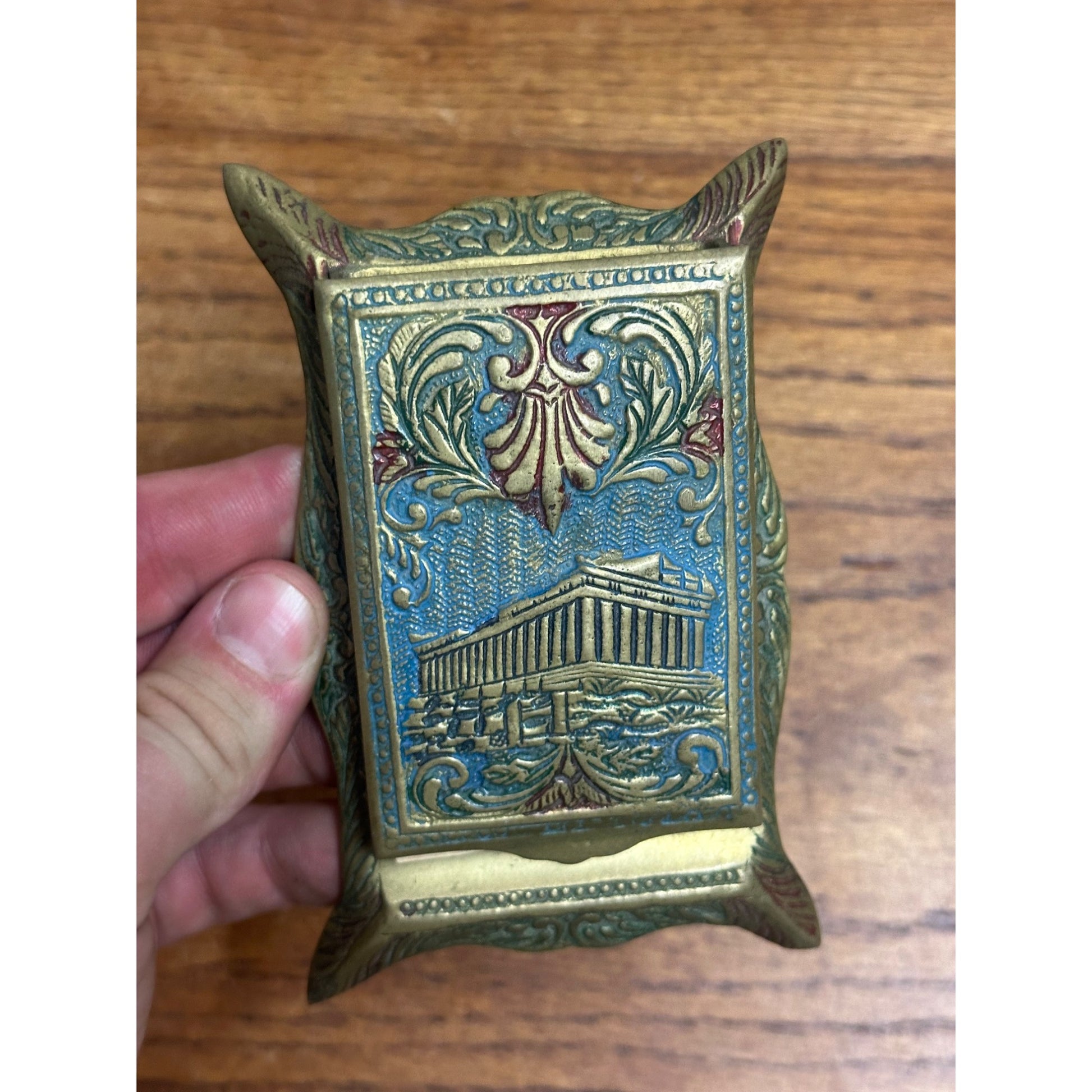 Vintage Brass Floral Parthenon Signed Inlaid Note Pad Pencil Holder Desktop