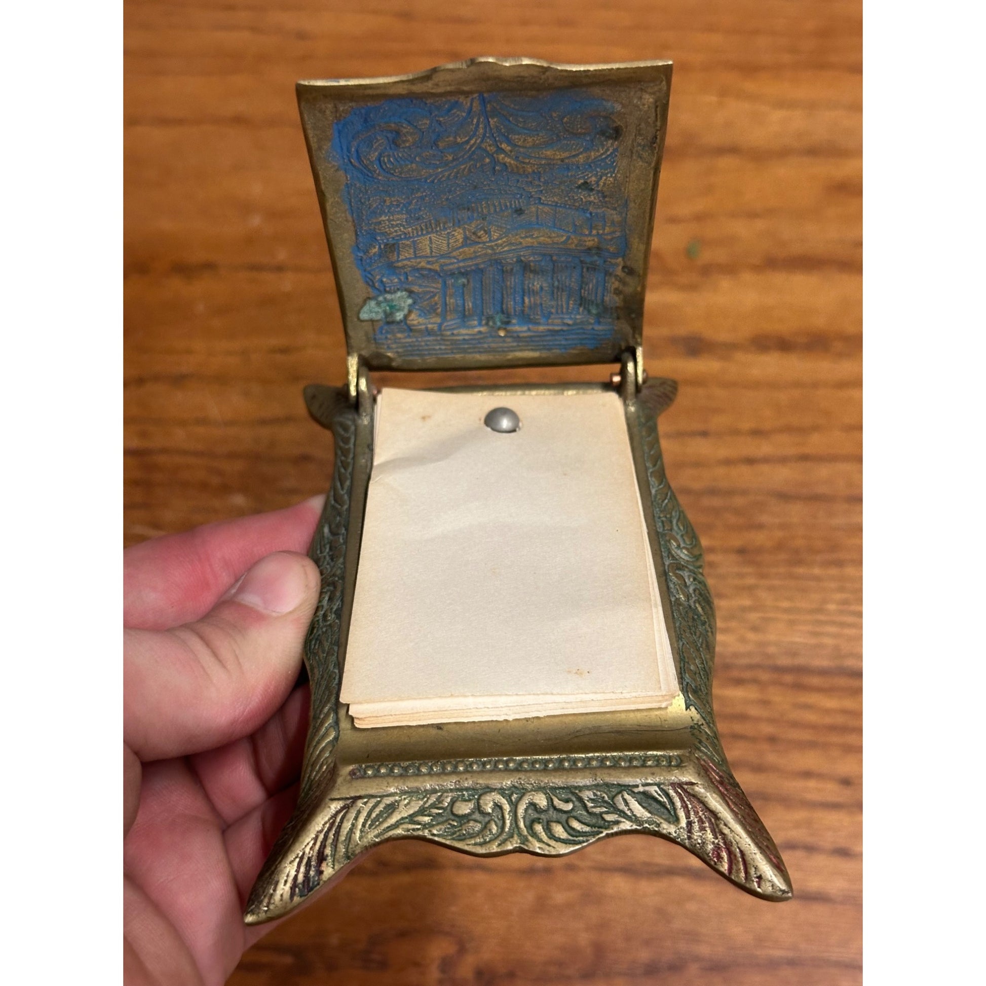 Vintage Brass Floral Parthenon Signed Inlaid Note Pad Pencil Holder Desktop