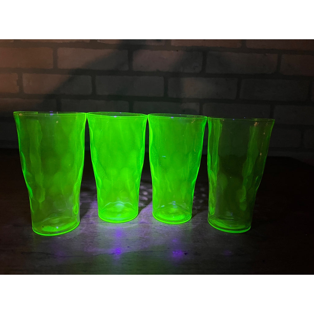 (4) Vintage Green Uranium Depression Glasses Tumblers Raindrop Dimpled 5" Tall