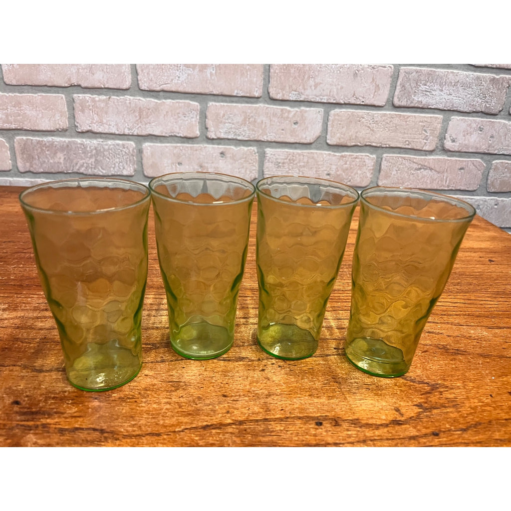 (4) Vintage Green Uranium Depression Glasses Tumblers Raindrop Dimpled 5" Tall