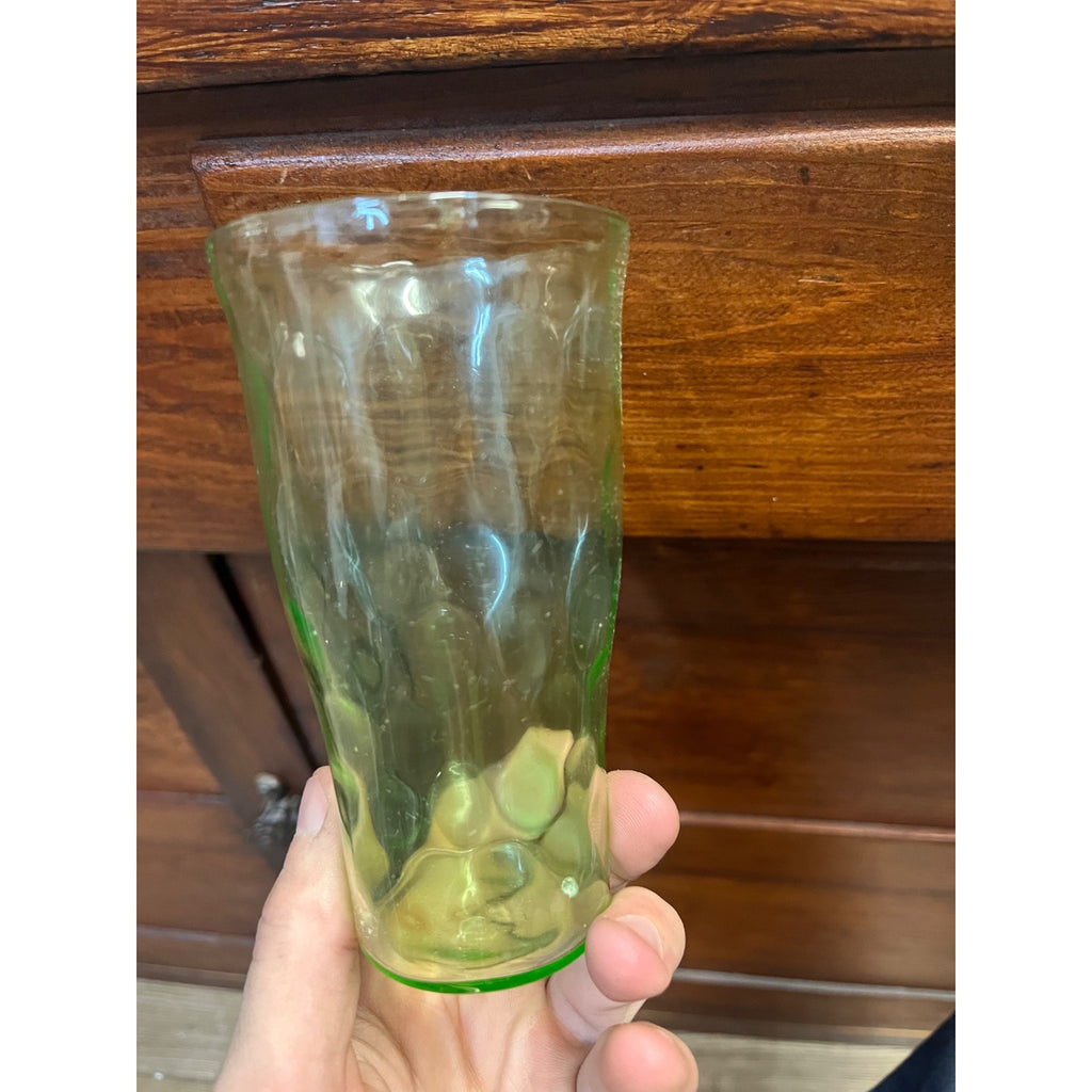 (4) Vintage Green Uranium Depression Glasses Tumblers Raindrop Dimpled 5" Tall